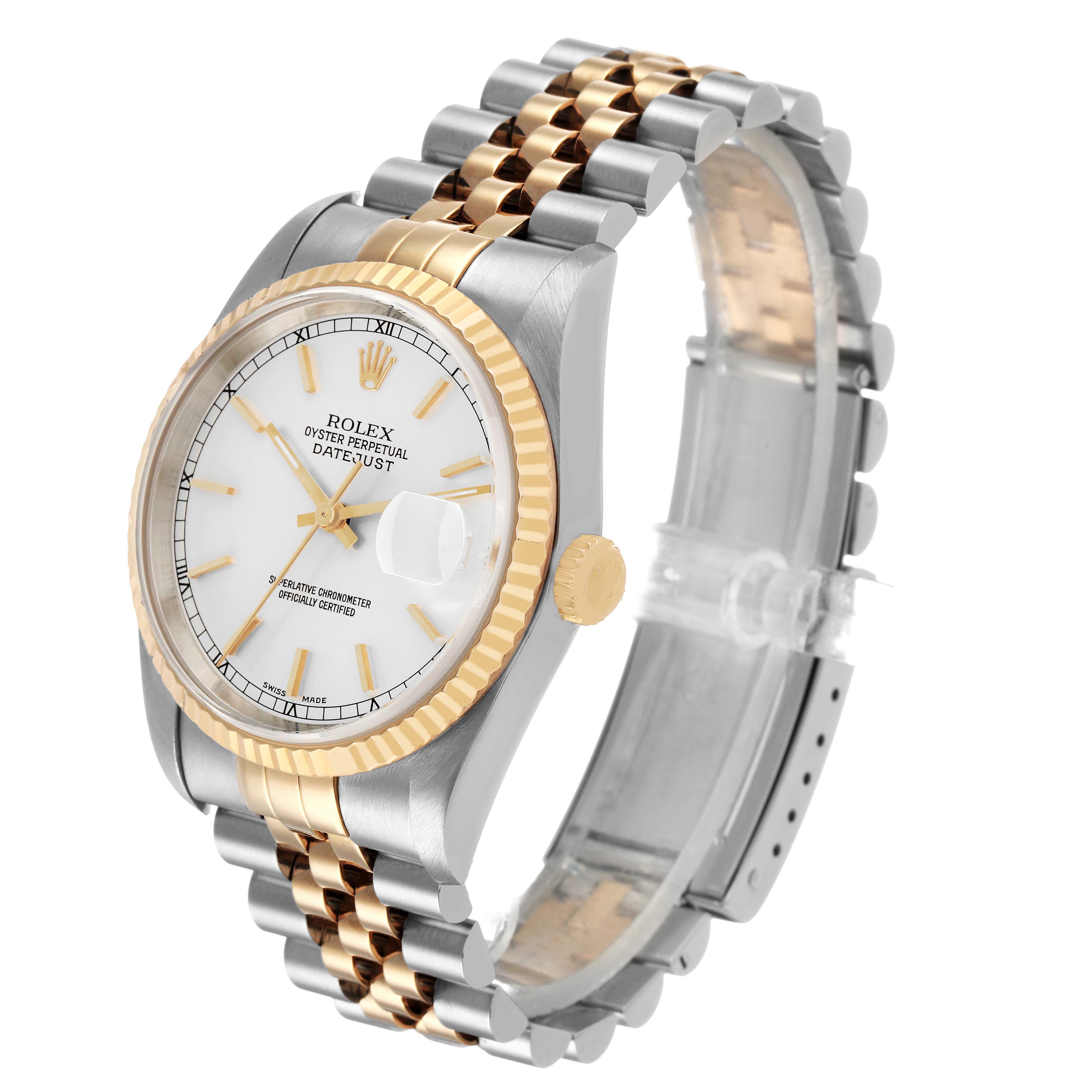 The Rolex Datejust 16233 Men's Stainless Steel Silver Dial watch is shown at a three-quarter angle, displaying the face, fluted bezel, crown, and Jubilee bracelet.