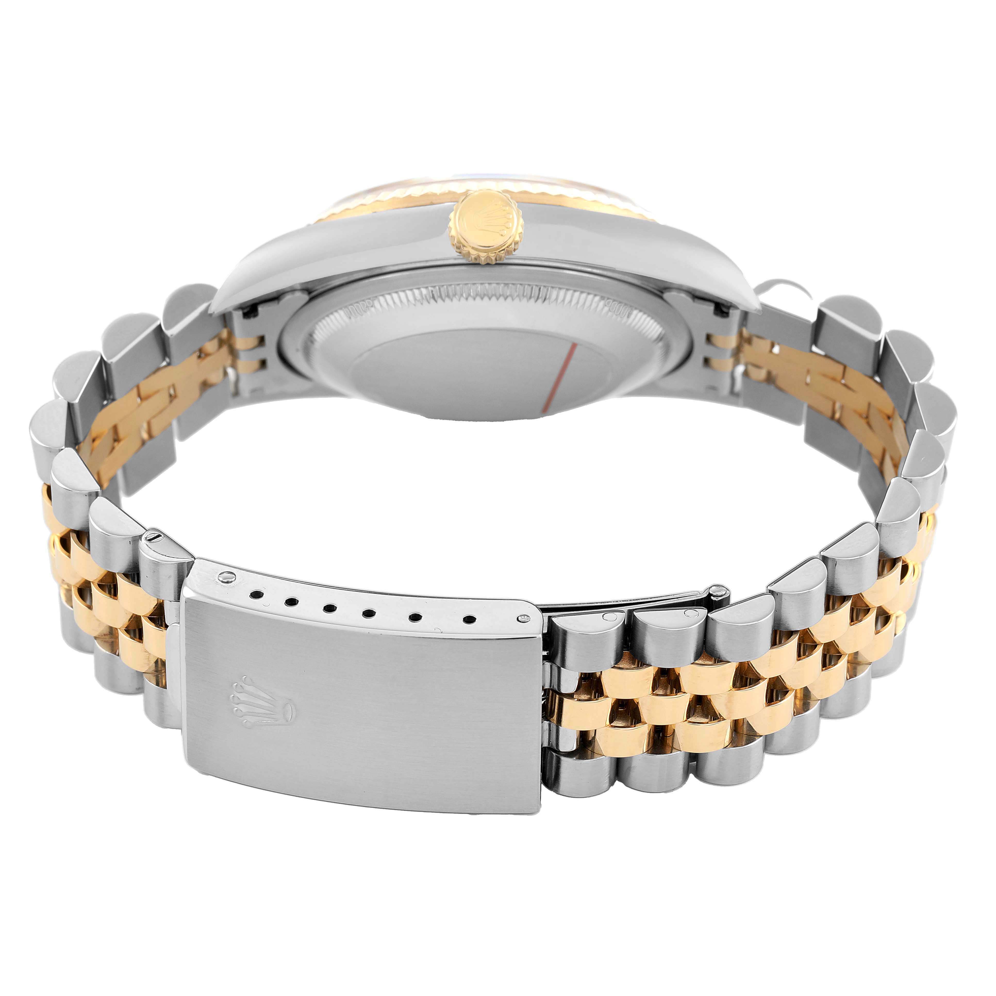 The image shows the side and back of a Rolex Datejust 16233 Men's Stainless Steel Silver Dial watch, highlighting the crown, case back, and two-tone Jubilee bracelet.