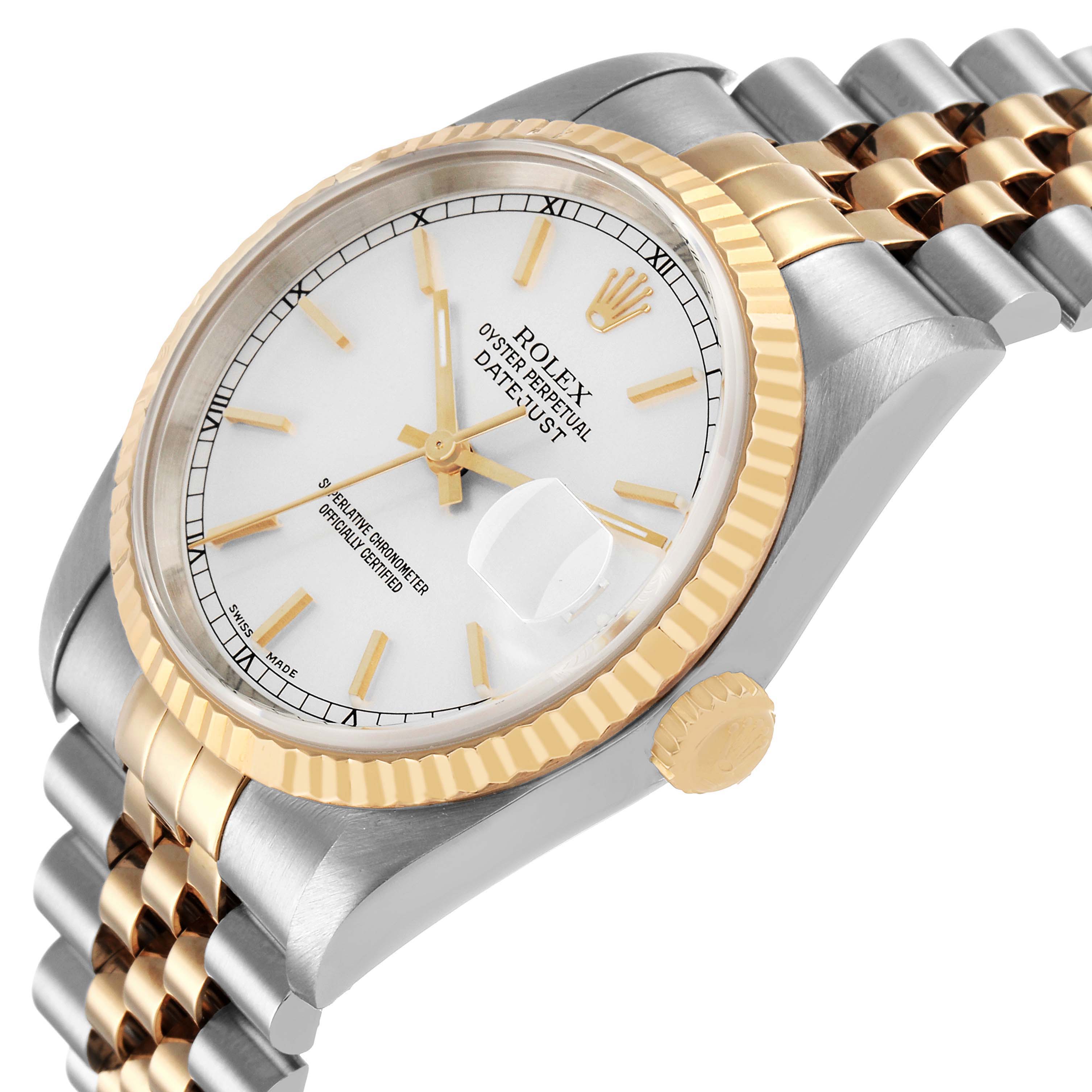The Rolex Datejust 16233 Men's Stainless Steel Silver Dial watch is shown at an angled side view, highlighting the bezel, crown, and jubilee bracelet.