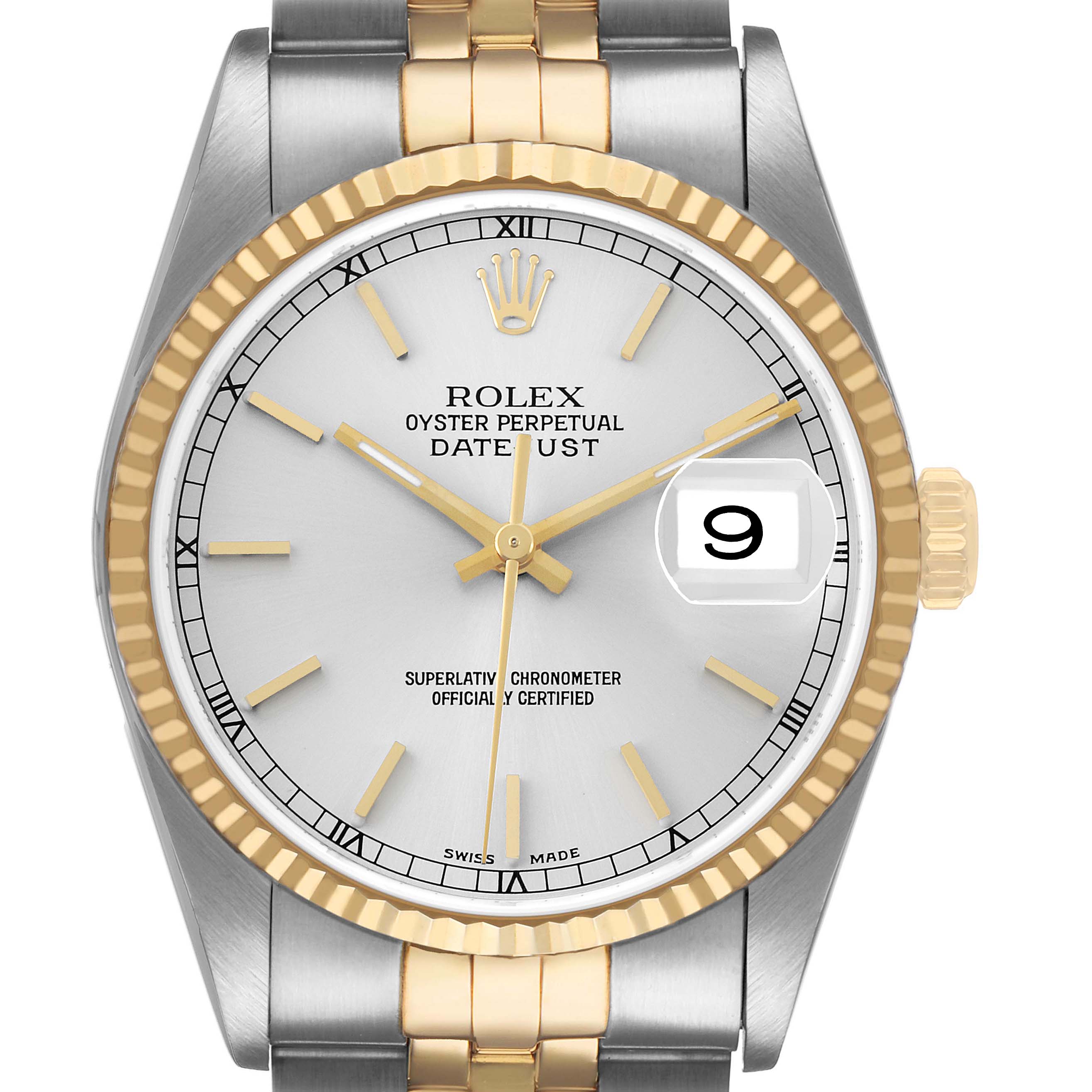 The image shows a front view of the Rolex Datejust 16233 Men's Stainless Steel Silver Dial watch, highlighting the dial, bezel, hands, and part of the bracelet.