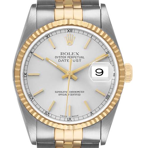 The image shows a close-up, front view of a Rolex Datejust 16233 Men's Stainless Steel Silver Dial watch, highlighting the dial, hands, bezel, and part of the bracelet.