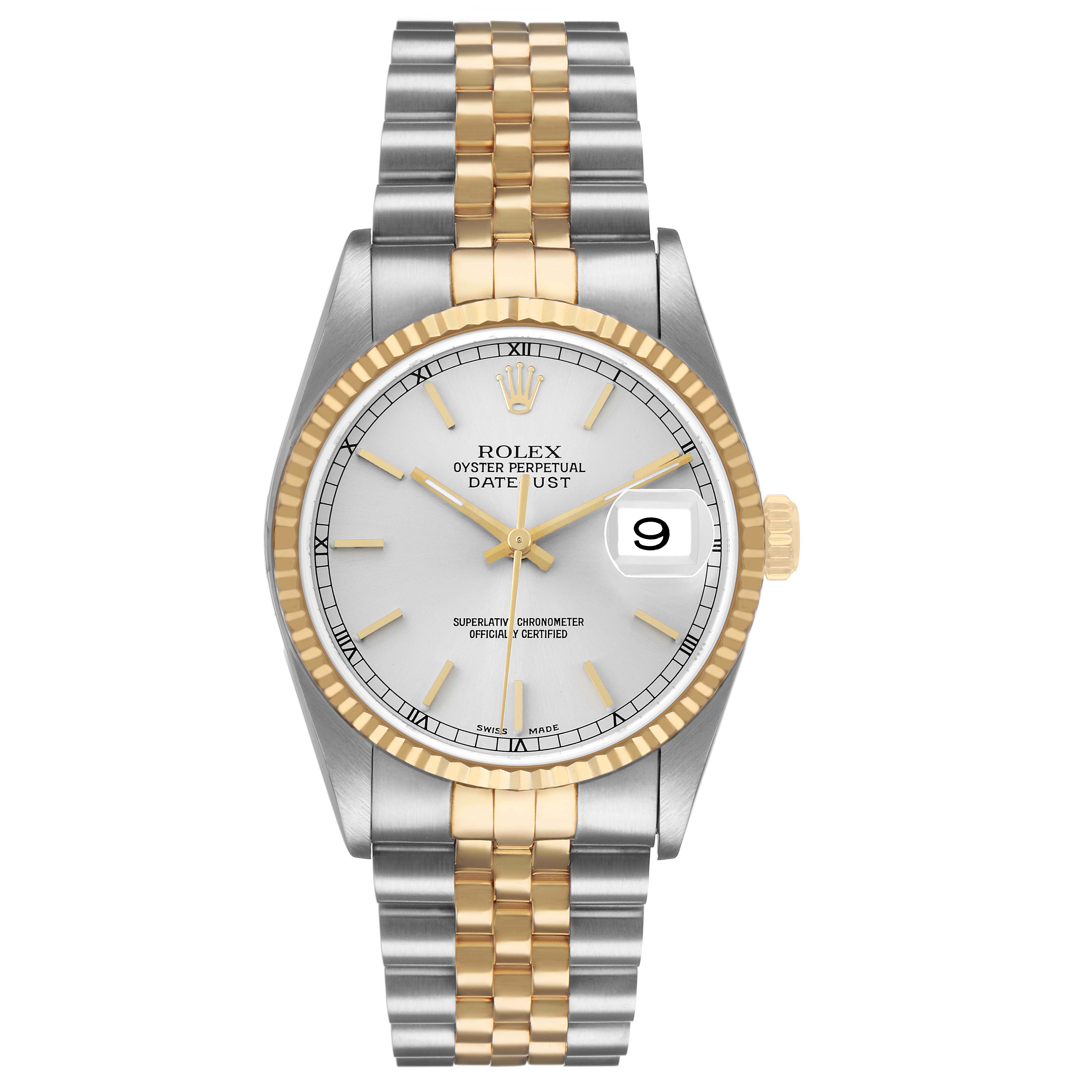 The Rolex Datejust 16233 Men's Stainless Steel Silver Dial watch is shown from a front angle, highlighting its dial, bezel, crown, and Jubilee bracelet.