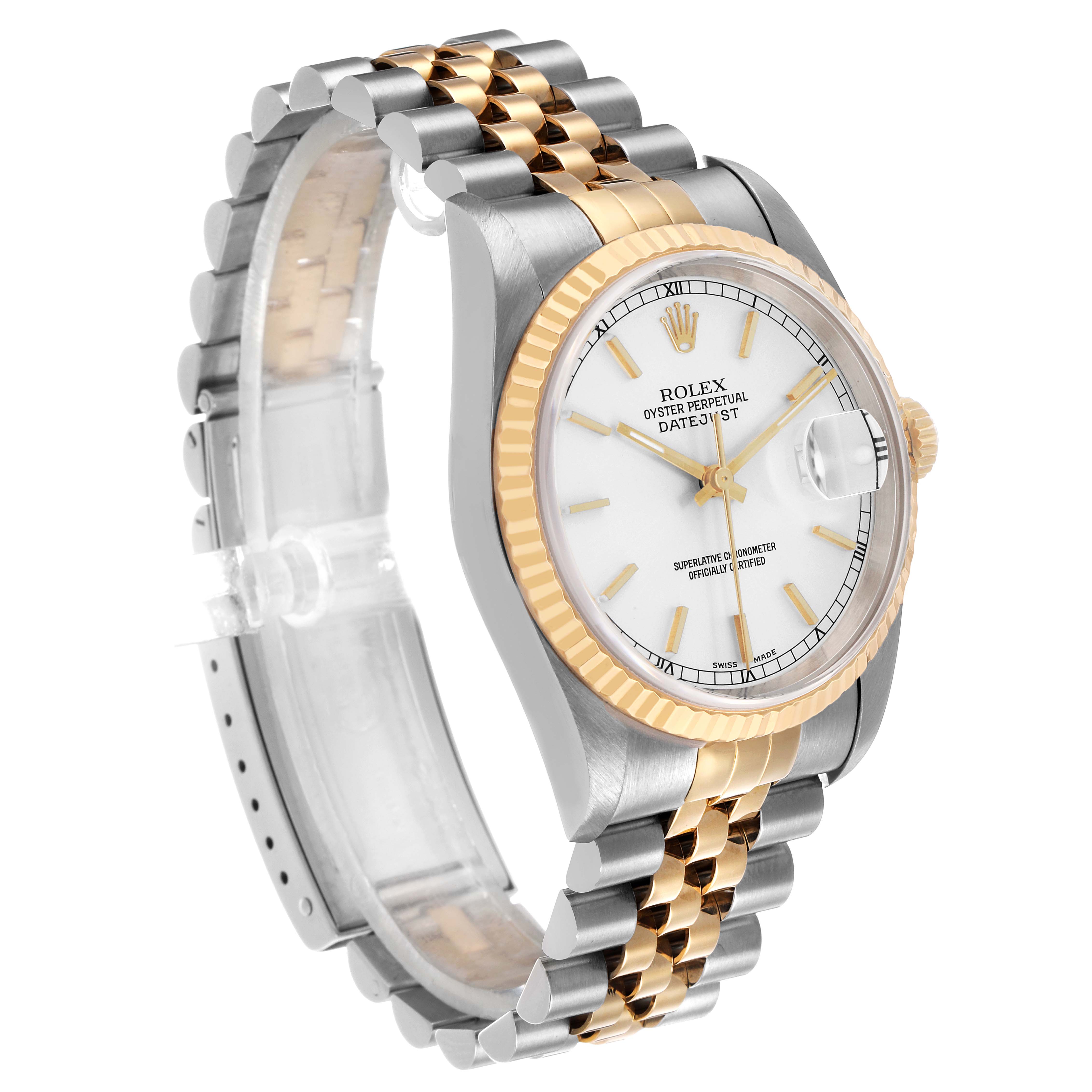 The Rolex Datejust 16233 Men's Stainless Steel Silver Dial watch is shown at a slight angle, displaying the bracelet, fluted bezel, and dial face.