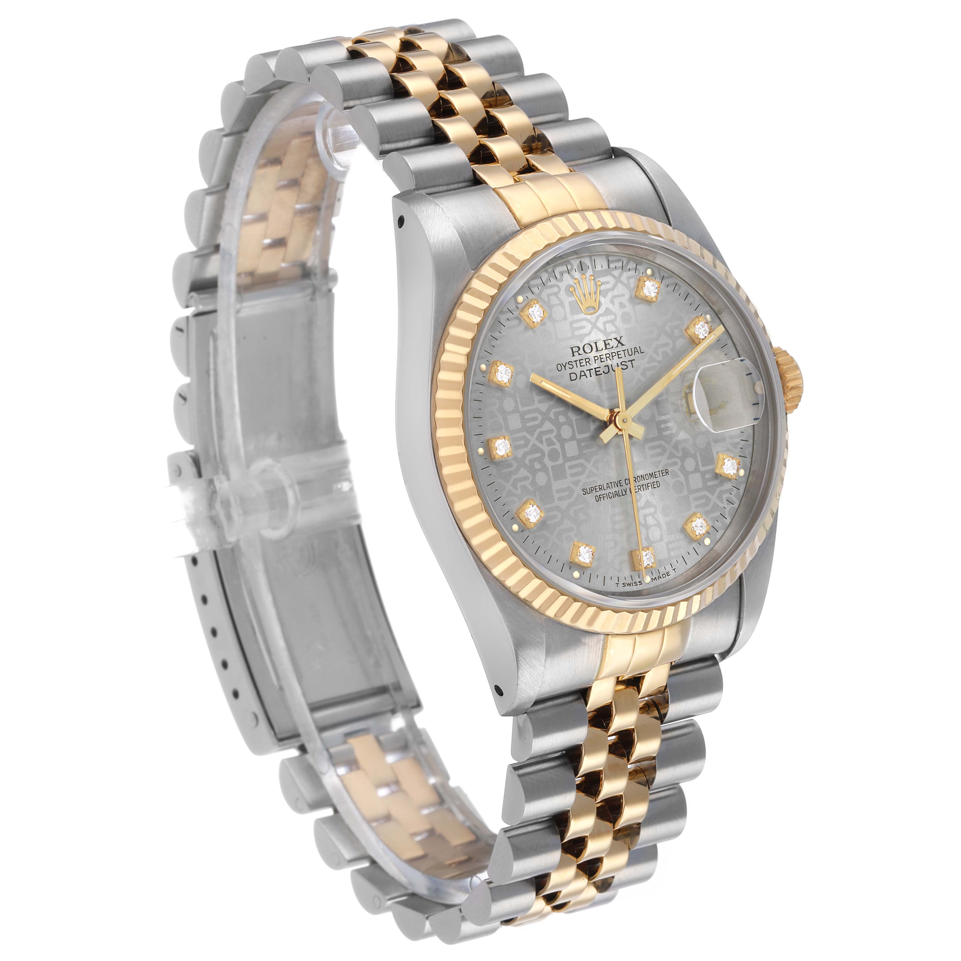 The Rolex Datejust 16233 Men's Steel and Gold (two tone) Silver Dial watch is shown at a three-quarter angle, displaying the face, fluted bezel, and part of the bracelet.