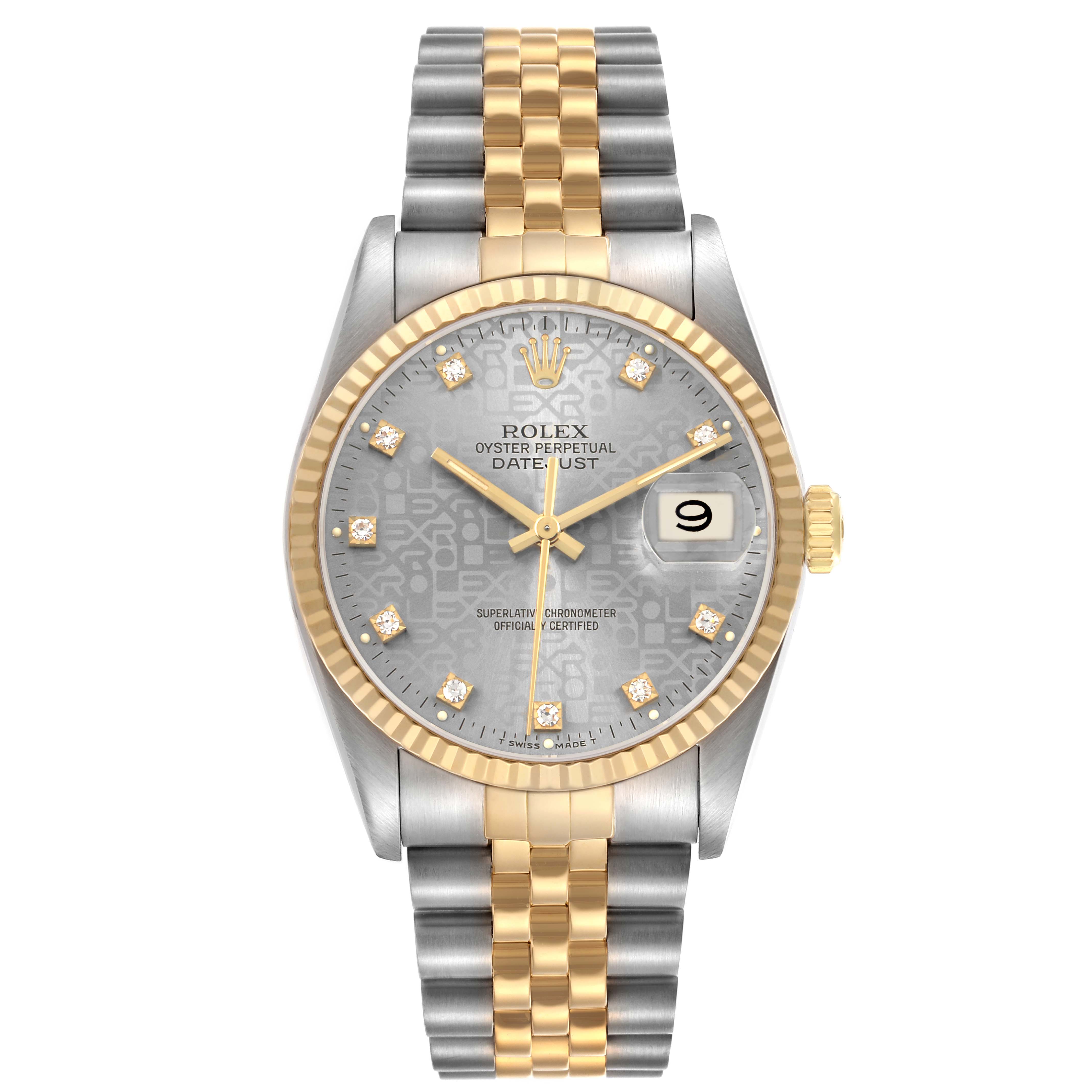 The Rolex Datejust 16233 Men's Steel and Gold (two tone) Silver Dial watch is shown from the front, highlighting the dial, fluted bezel, and two-tone bracelet.