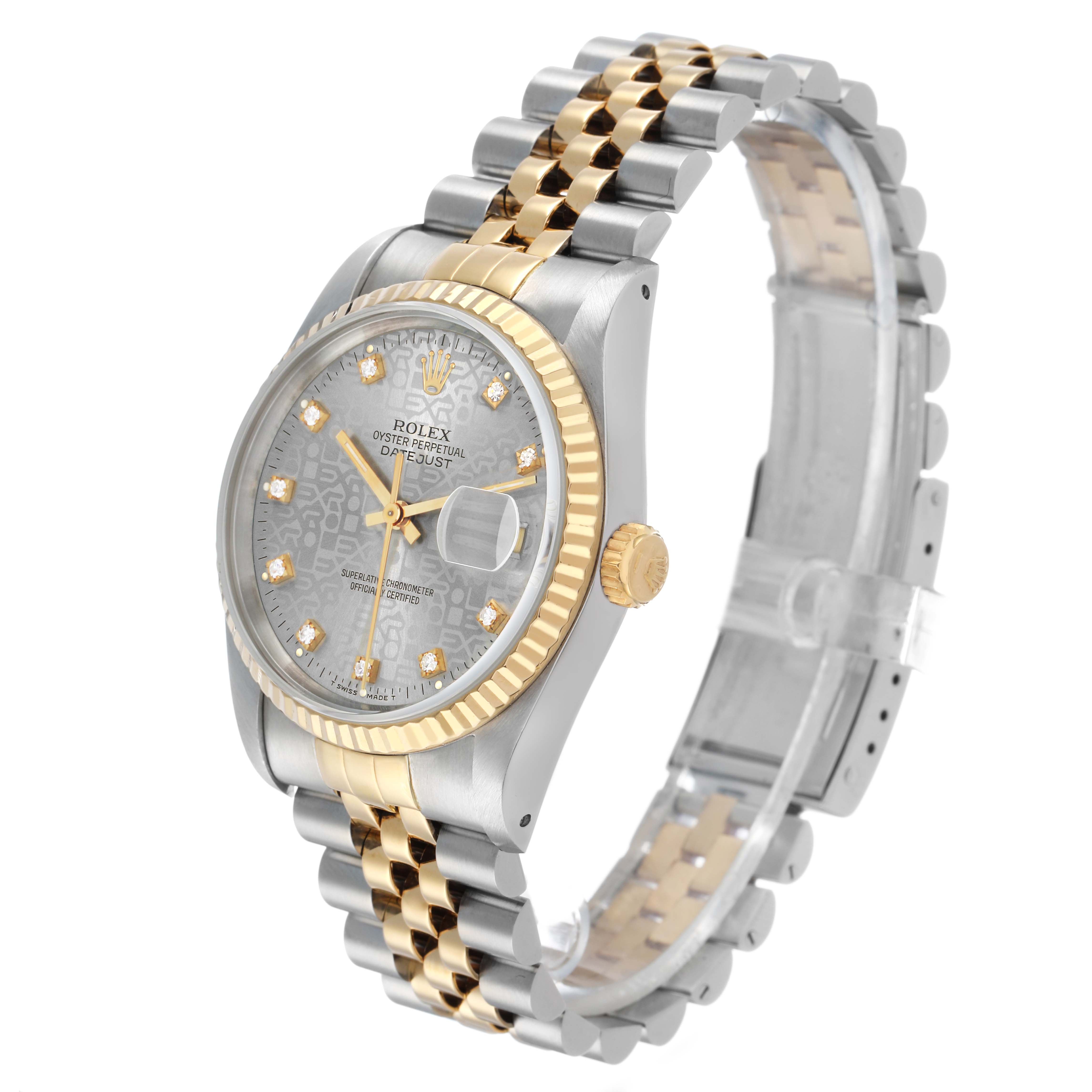 The Rolex Datejust 16233 Men's Steel and Gold (two tone) Silver Dial watch is shown at a three-quarter angle, highlighting its dial, bezel, crown, and bracelet.
