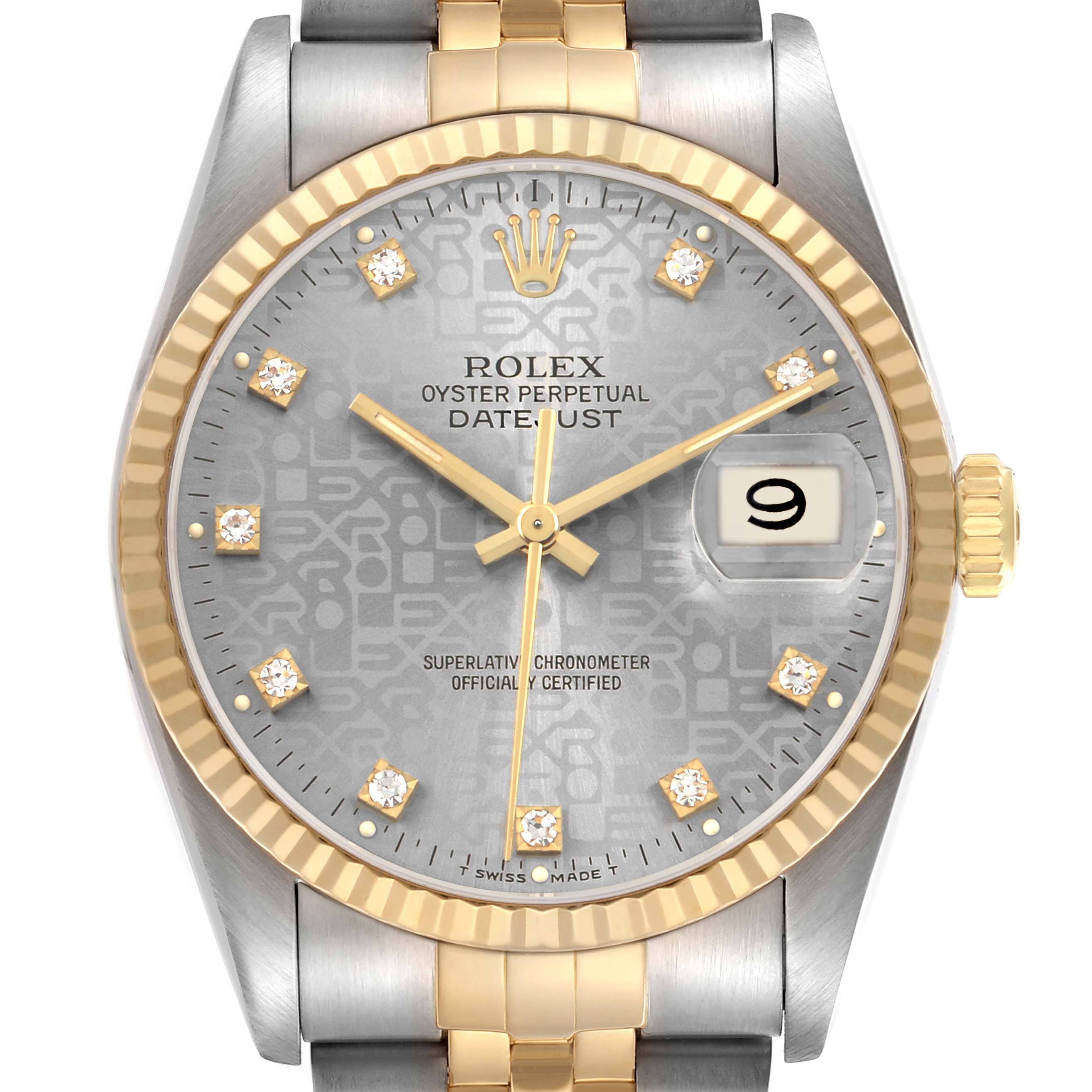 The Rolex Datejust 16233 Men's Steel and Gold (two tone) Silver Dial watch is shown from a frontal angle, highlighting its face, bezel, crown, and part of the bracelet.