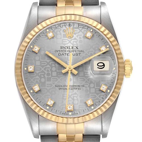 The image shows a Rolex Datejust 16233 Men's Steel and Gold (two tone) Silver Dial watch from a front angle, highlighting the dial, bezel, crown, and part of the bracelet.