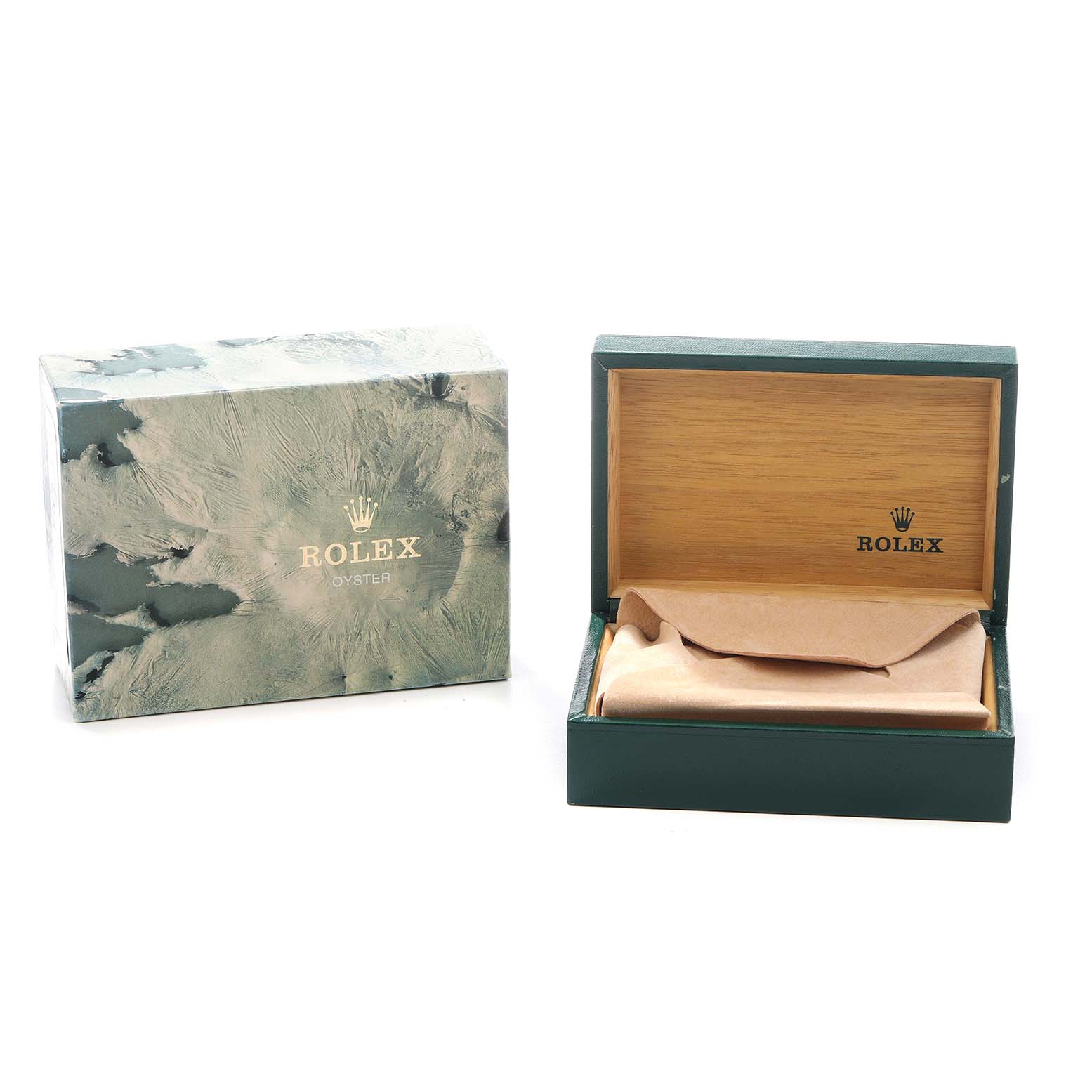 The image shows a Rolex Datejust 16233 Men's Steel and Gold (two tone) Silver Dial box set at an angle, featuring a closed outer box and open inner display box with cushions.