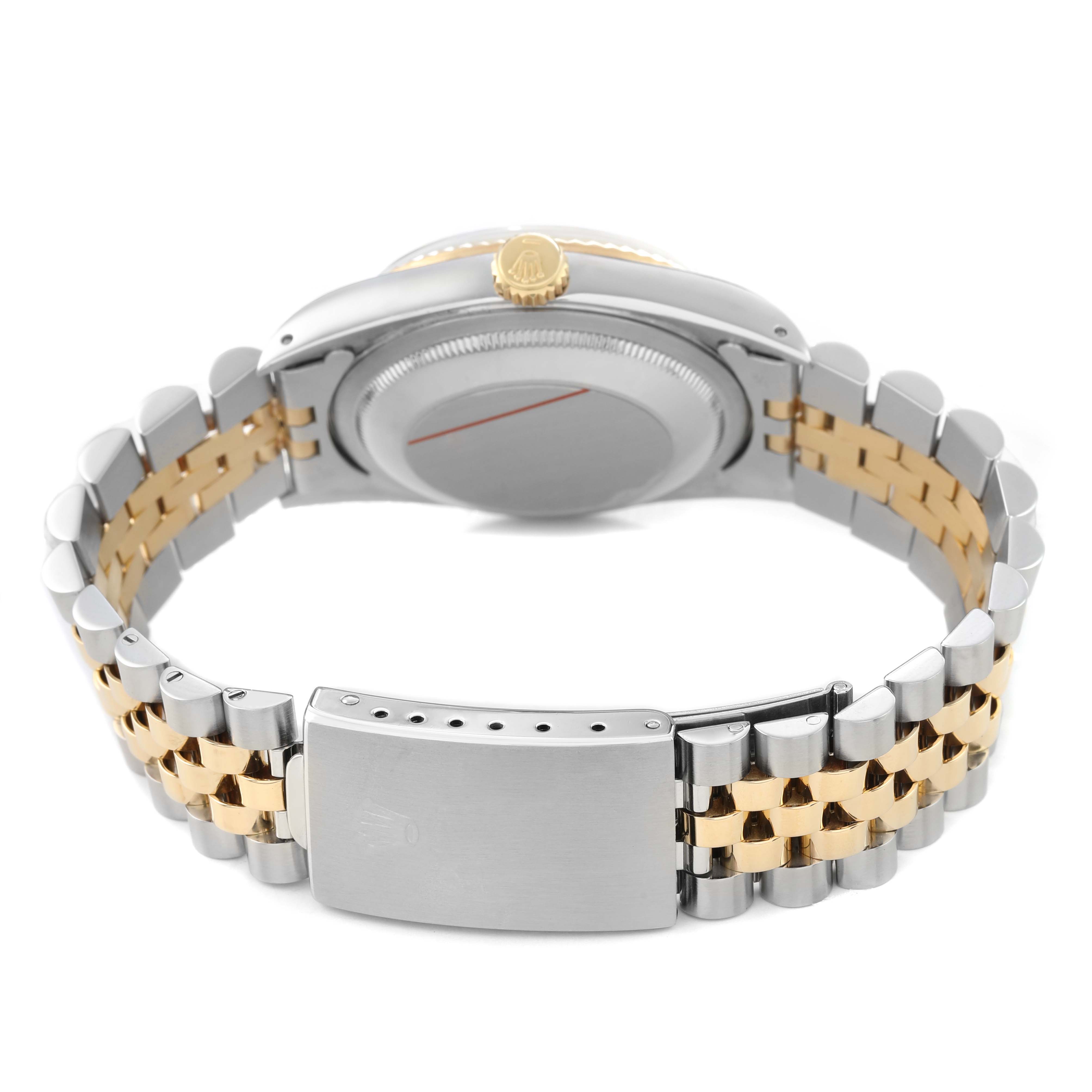 The Rolex Datejust 16233 Men's Steel and Gold (two tone) Silver Dial is shown from the back, highlighting the bracelet, clasp, and case back.