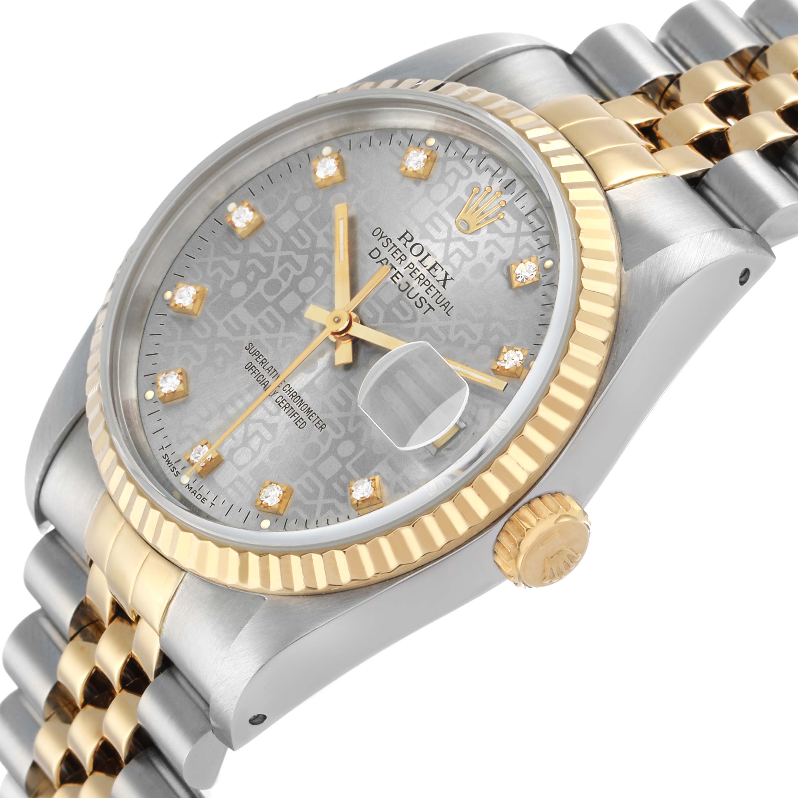 The Rolex Datejust 16233 Men's Steel and Gold (two tone) Silver Dial watch is shown at an angle displaying the face, bezel, crown, and a portion of the bracelet.