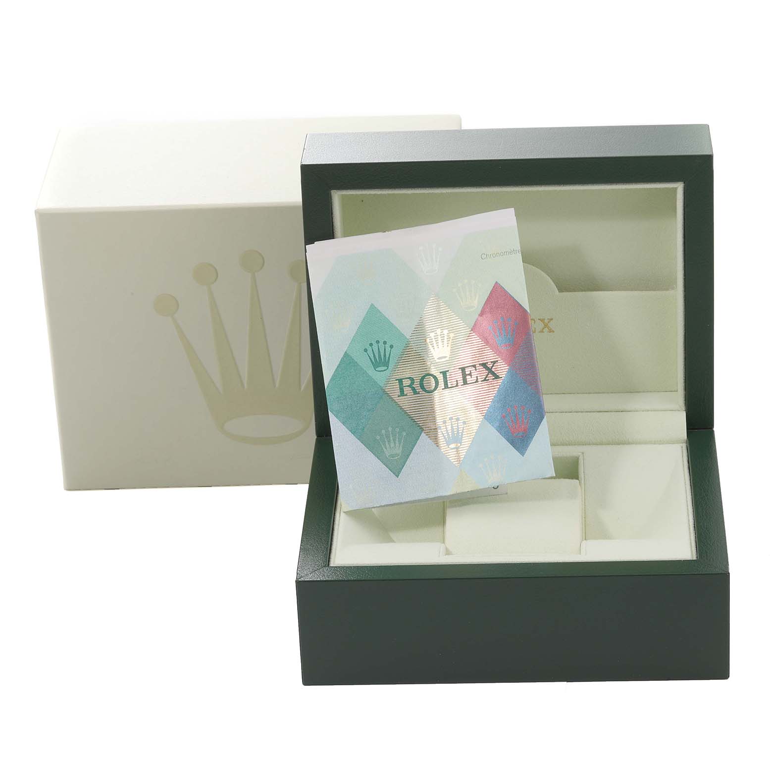 The image shows a green and white Rolex Datejust 179174 Women's Stainless Steel Black Dial 179174 Women's Stainless Steel Black Dial watch box, with a closed outer box and an open inner box displaying a booklet.