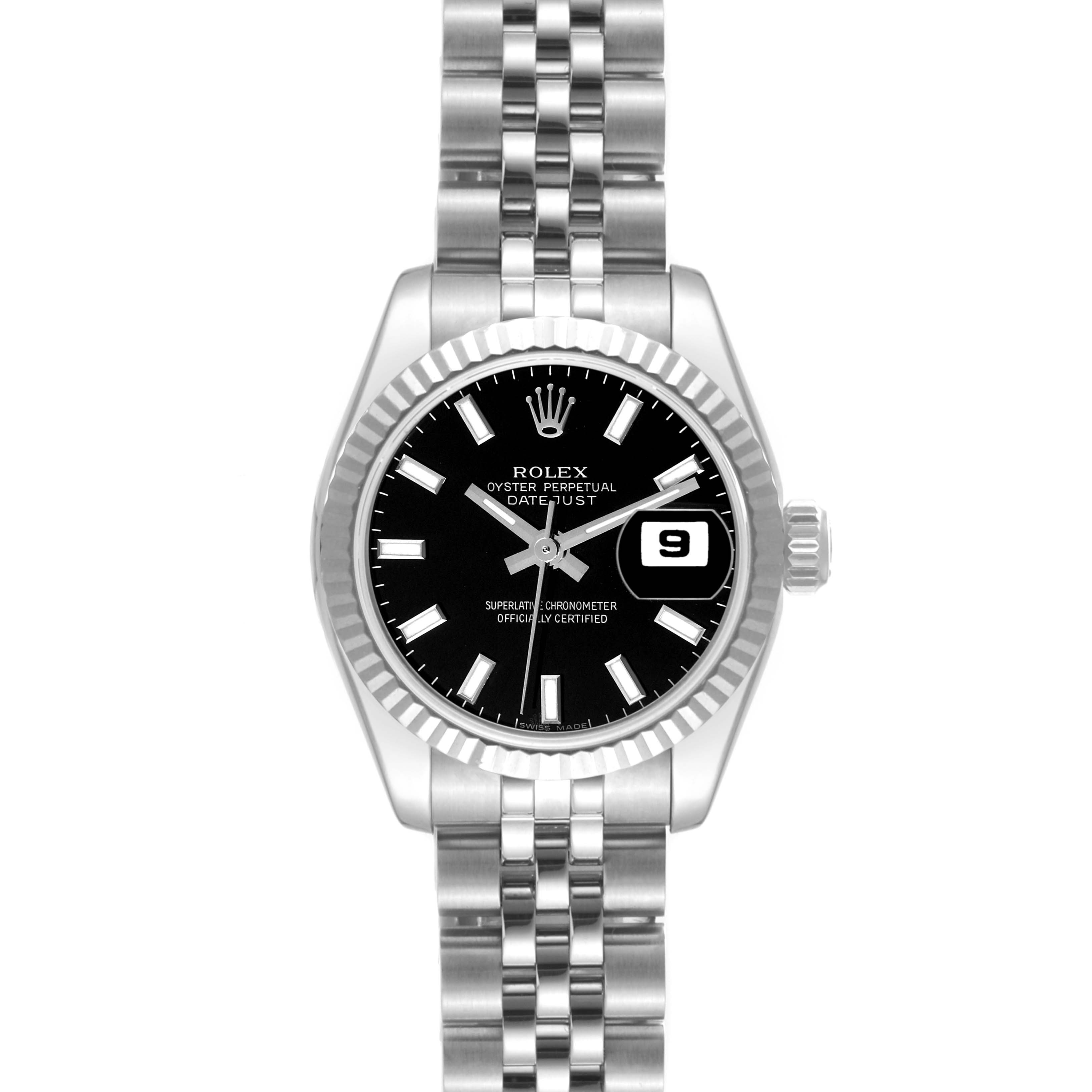 The image shows a frontal view of a Rolex Datejust 179174 Women's Stainless Steel Black Dial 179174 Women's Stainless Steel Black Dial watch, displaying the dial, bezel, case, bracelet, and date window.