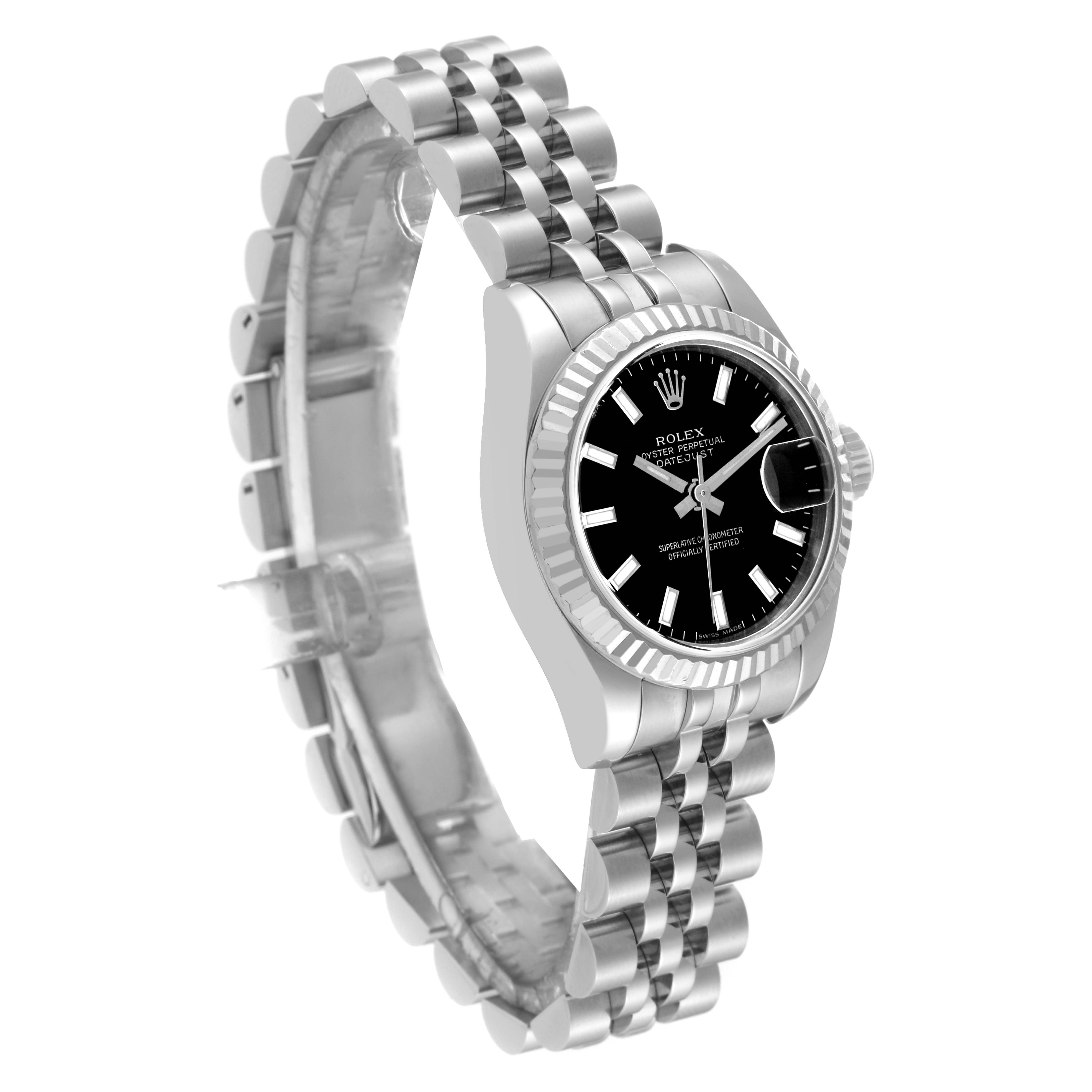 The Rolex Datejust 179174 Women's Stainless Steel Black Dial 179174 Women's Stainless Steel Black Dial watch is shown at an angled view, displaying the case, bezel, dial, and bracelet clearly.