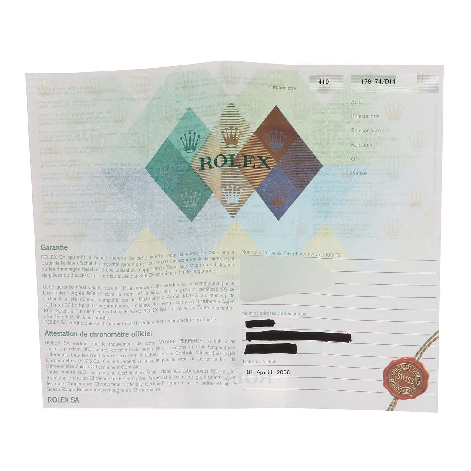 This is a warranty certificate for a Rolex Datejust 179174 Women's Stainless Steel Black Dial 179174 Women's Stainless Steel Black Dial watch displayed flat and open, showing details and a seal.