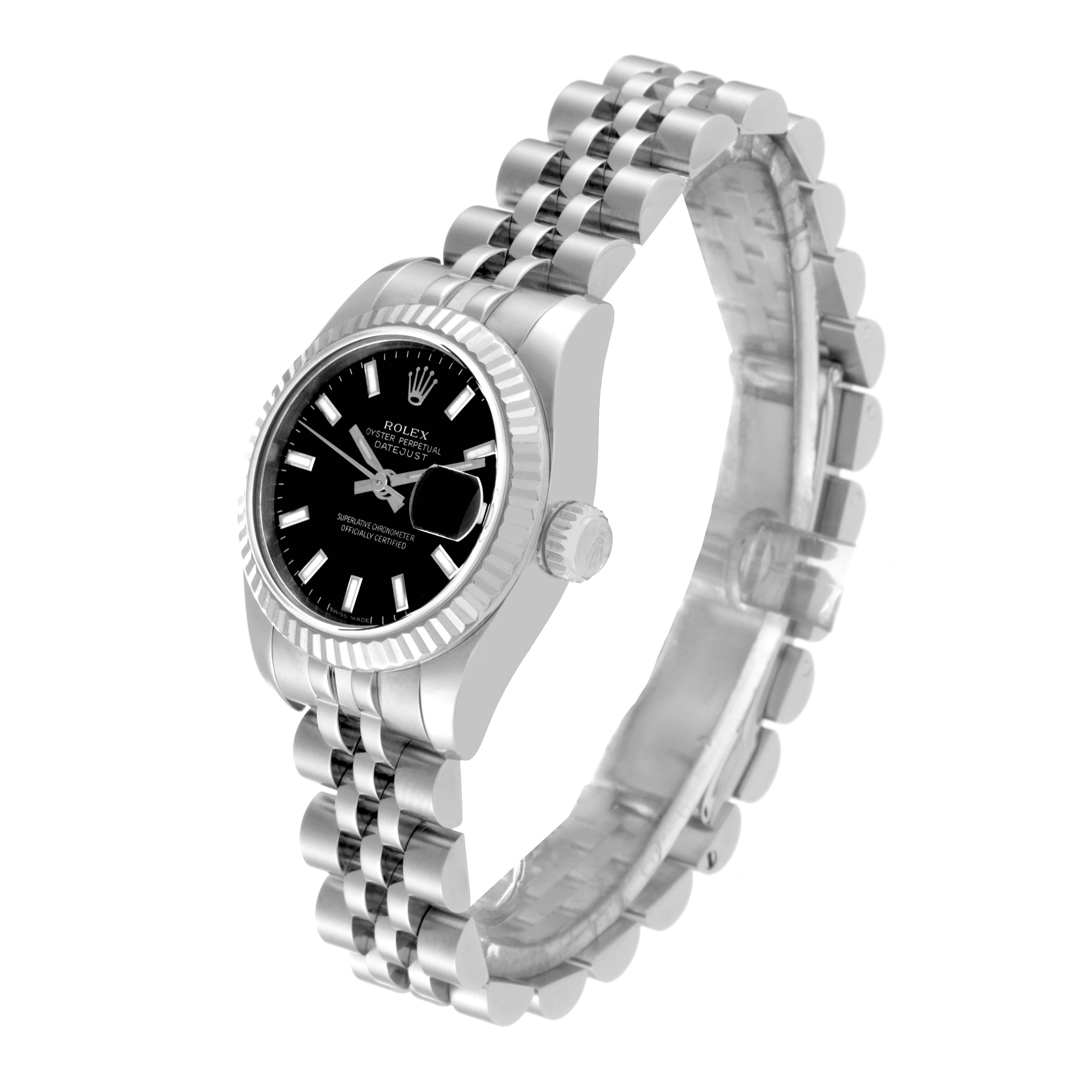 The image shows a front-side angle of the Rolex Datejust 179174 Women's Stainless Steel Black Dial 179174 Women's Stainless Steel Black Dial watch, highlighting its black dial, bezel, crown, and metallic bracelet.