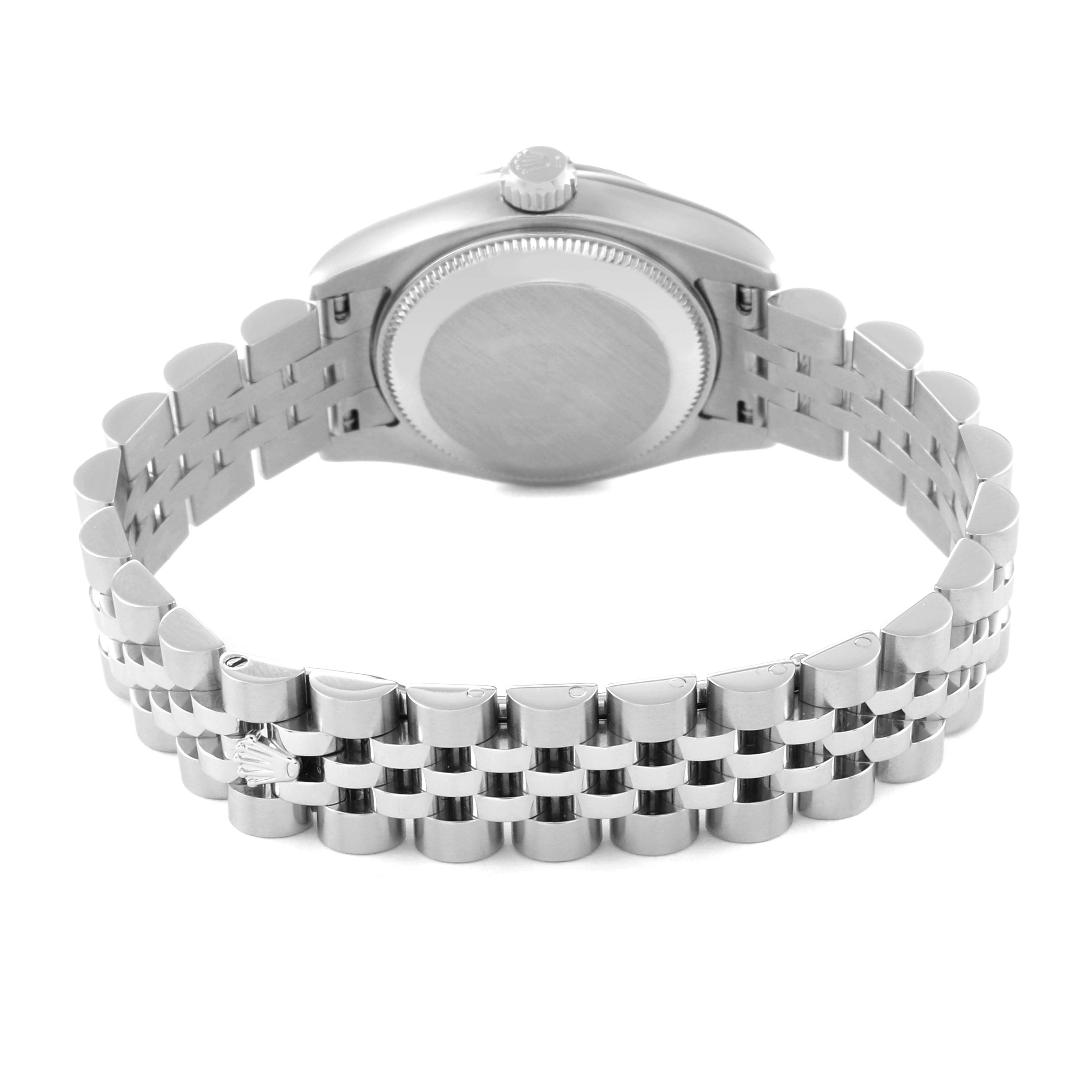 The image shows the back case and bracelet of a Rolex Datejust 179174 Women's Stainless Steel Black Dial 179174 Women's Stainless Steel Black Dial watch from a rear angle.