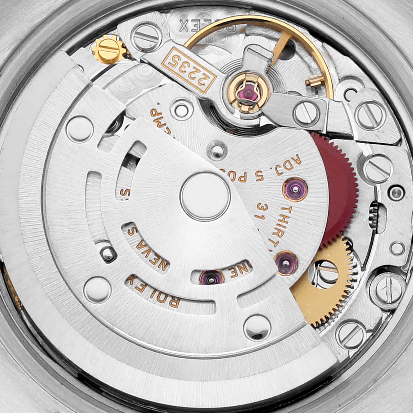 The image shows a close-up view of the movement mechanism of a Rolex Datejust 179174 Women's Stainless Steel Black Dial 179174 Women's Stainless Steel Black Dial watch.