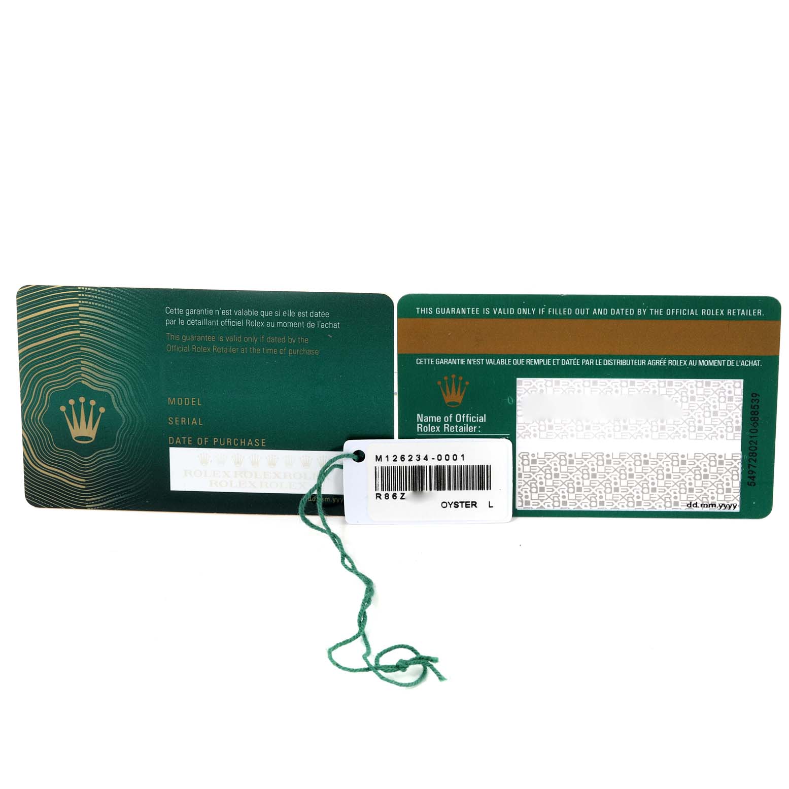 The image shows the warranty card and tag for the Rolex Datejust 126234 Men's Stainless Steel Black Dial 126234 Men's Stainless Steel Black Dial model.