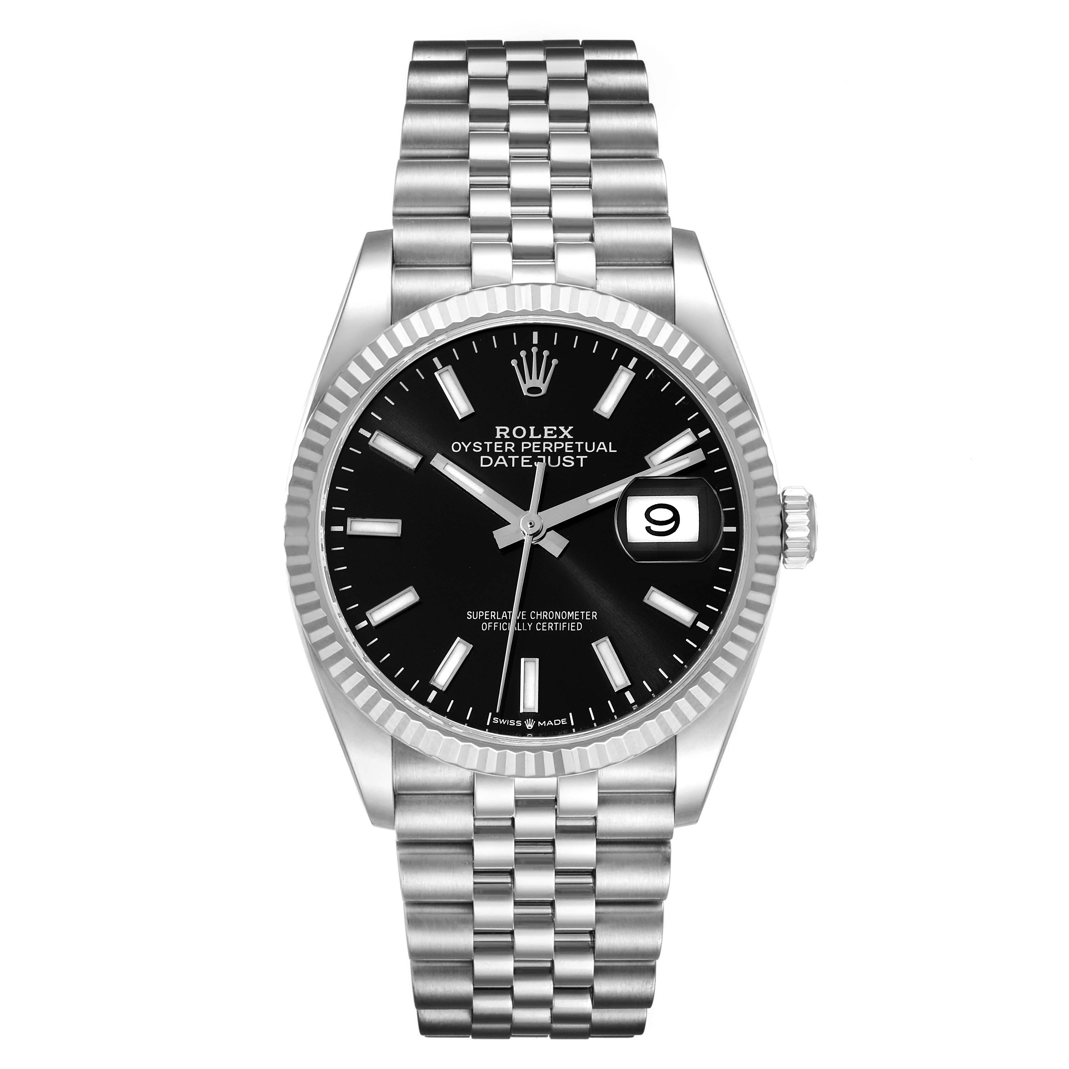 This image shows a front view of the Rolex Datejust 126234 Men's Stainless Steel Black Dial 126234 Men's Stainless Steel Black Dial watch, featuring its black dial and stainless steel bracelet.