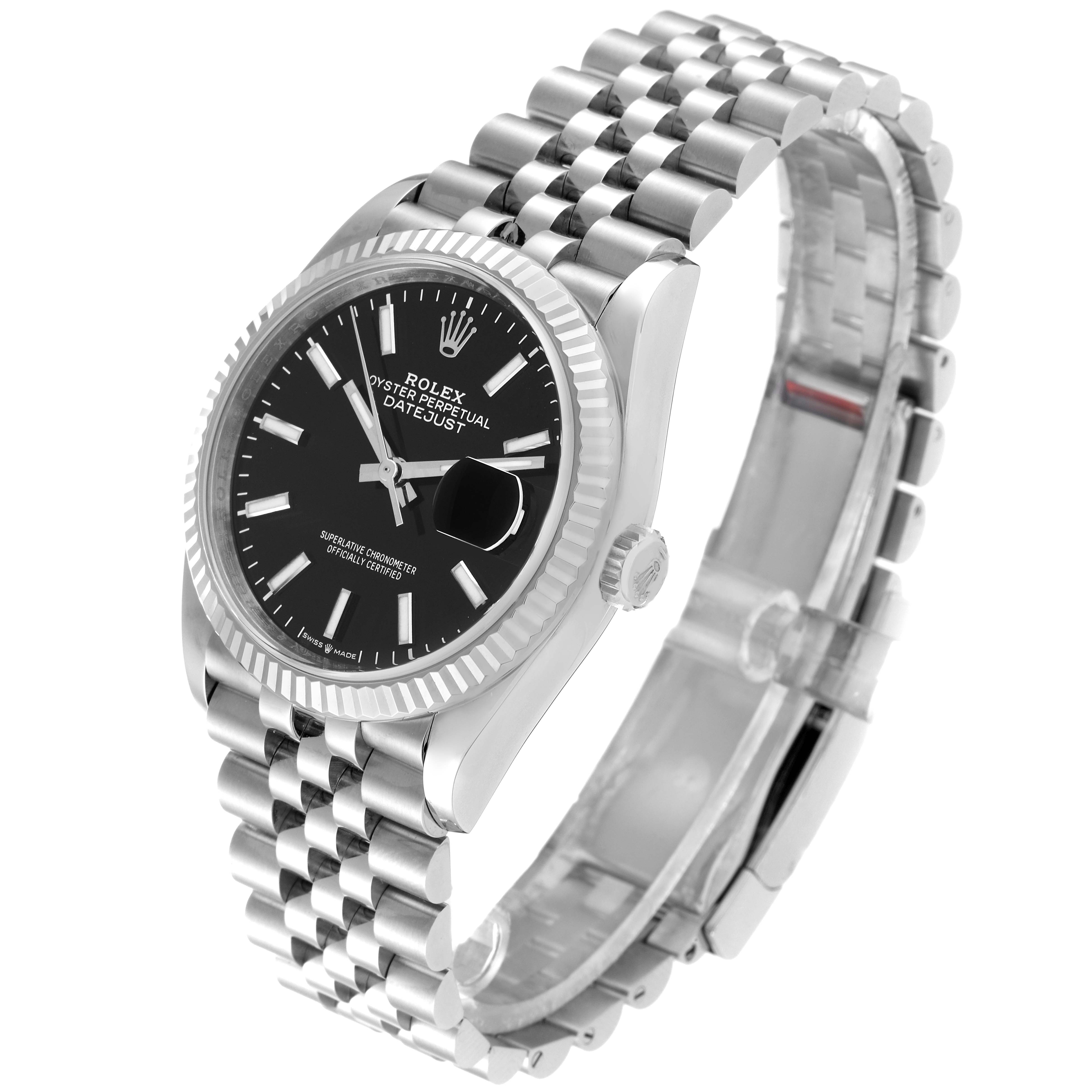 The Rolex Datejust 126234 Men's Stainless Steel Black Dial 126234 Men's Stainless Steel Black Dial watch is shown from a high-front angle, highlighting its black dial, fluted bezel, and Jubilee bracelet.