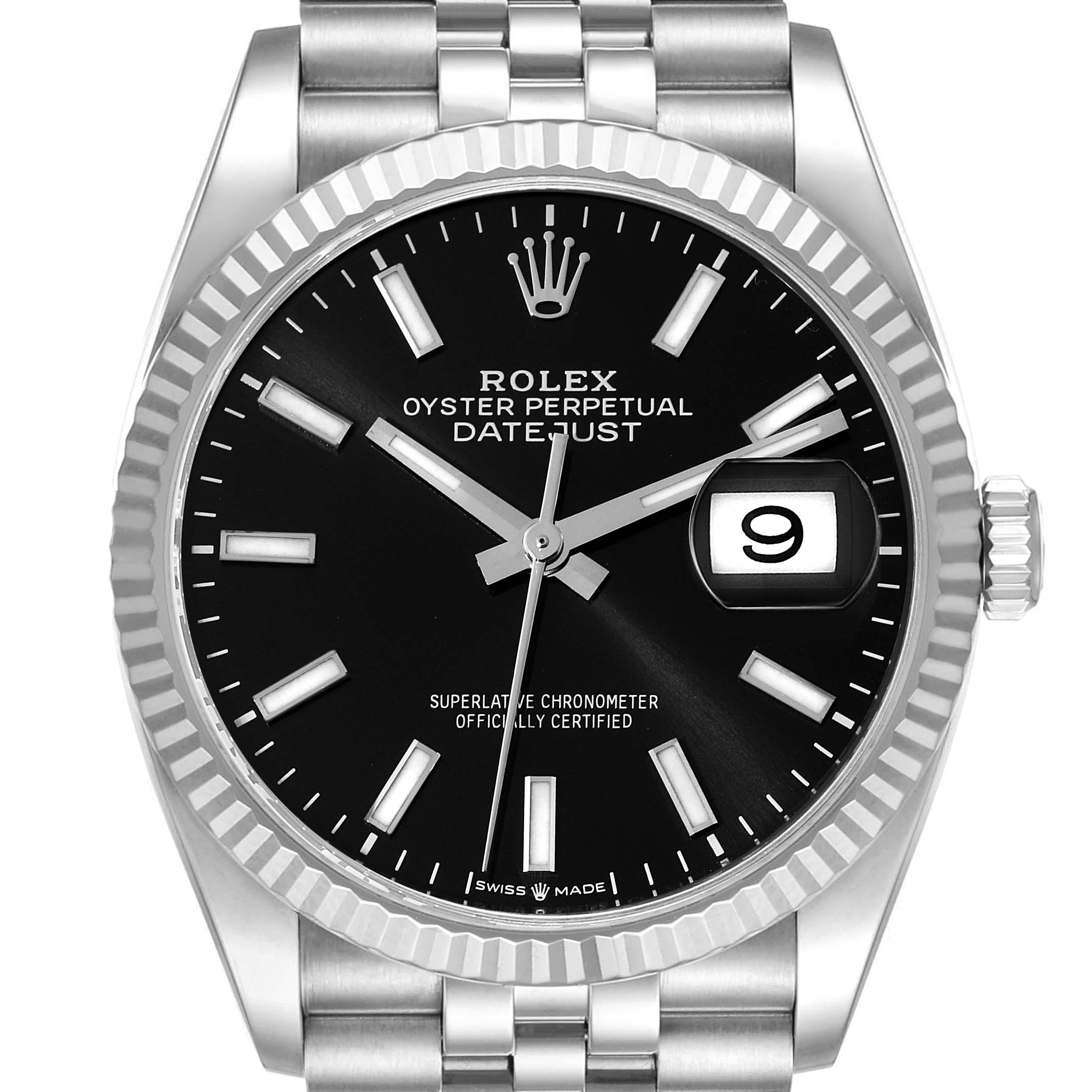 The Rolex Datejust 126234 Men's Stainless Steel Black Dial 126234 Men's Stainless Steel Black Dial watch is shown from a front angle, displaying the face, bezel, crown, and part of the bracelet.