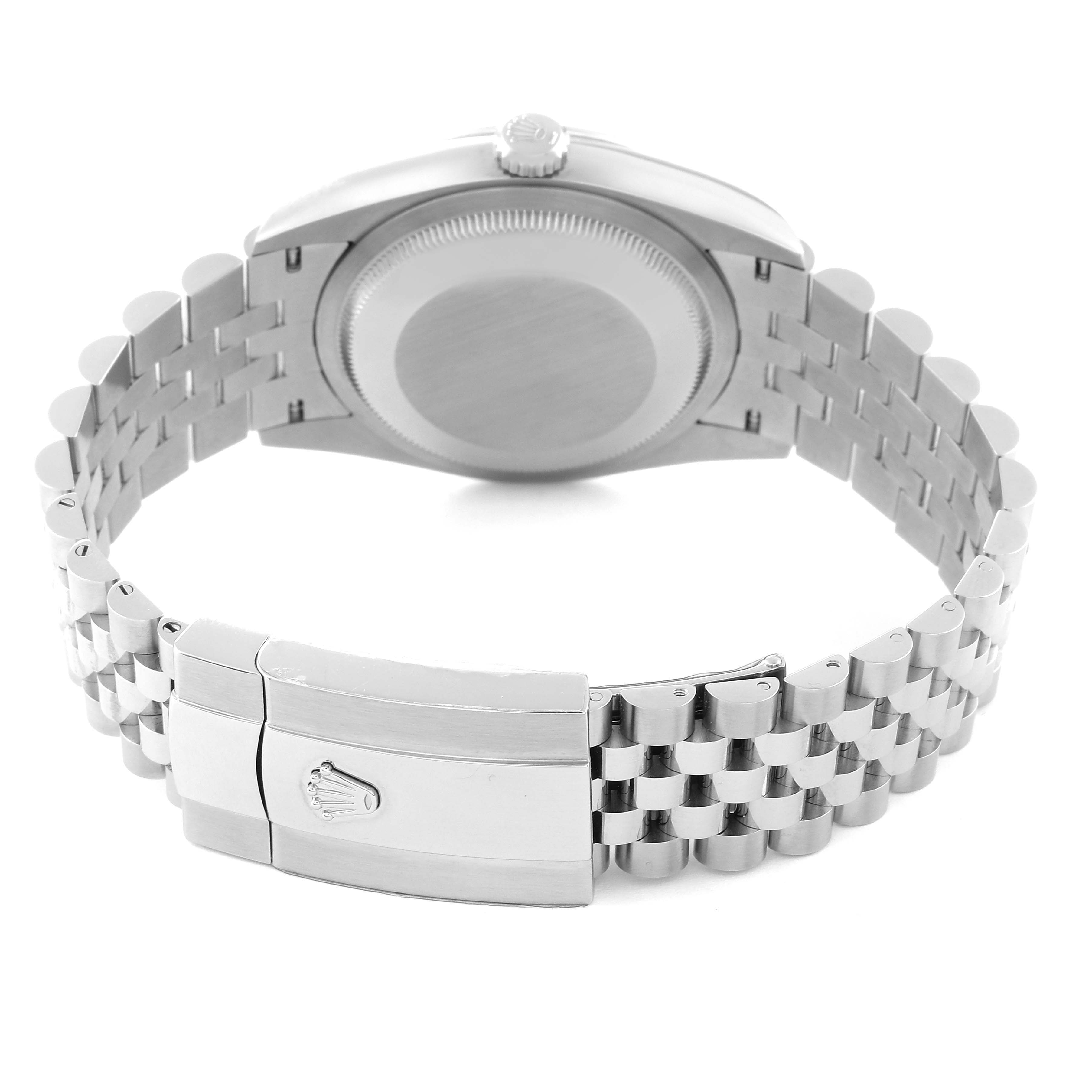 The image shows the back view of a Rolex Datejust 126234 Men's Stainless Steel Black Dial 126234 Men's Stainless Steel Black Dial watch, featuring its case back and Jubilee bracelet with a clasp.