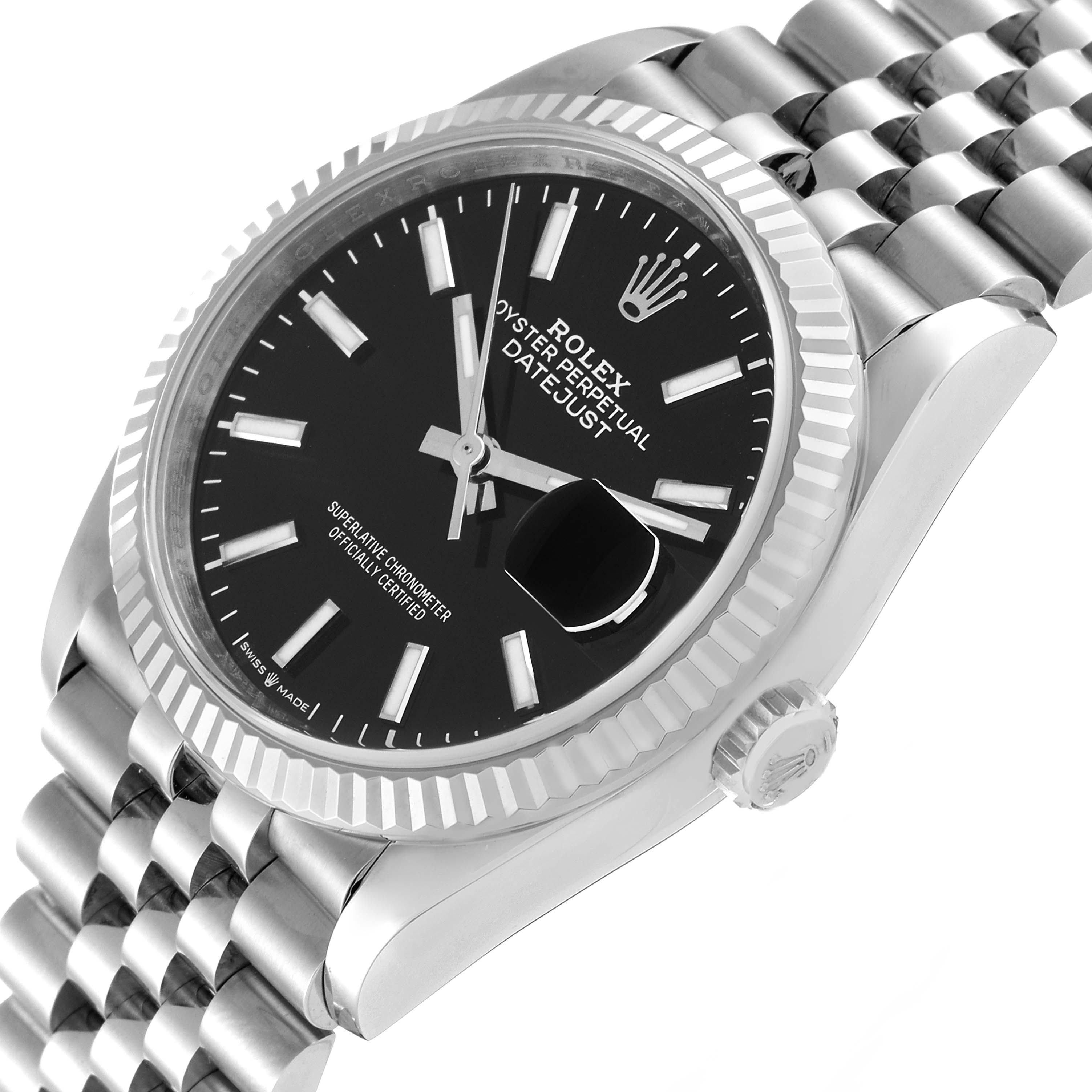 The image shows a close-up, angled view of the Rolex Datejust 126234 Men's Stainless Steel Black Dial 126234 Men's Stainless Steel Black Dial watch, highlighting the face, fluted bezel, and part of the Jubilee bracelet.