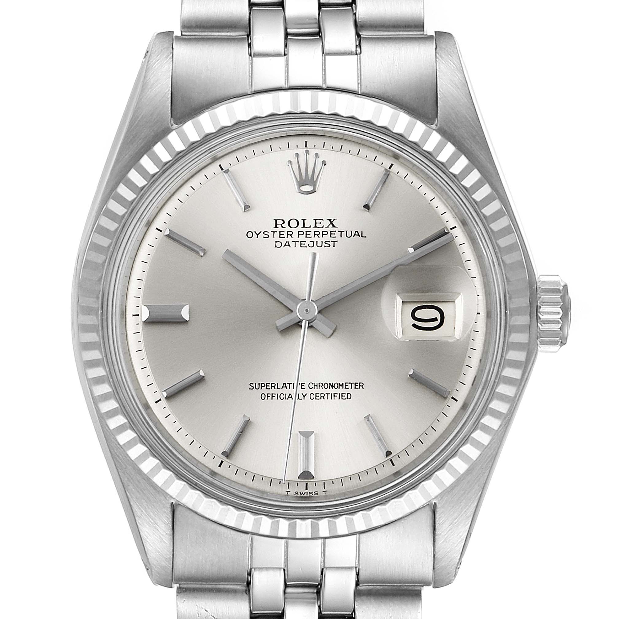The image shows a front view of the Rolex Vintage Collection 1601 Men
s Stainless Steel Silver Dial 1601 Men
s Stainless Steel Silver Dial Oyster Perpetual Datejust watch, highlighting its dial, hands, date window, and bracelet.