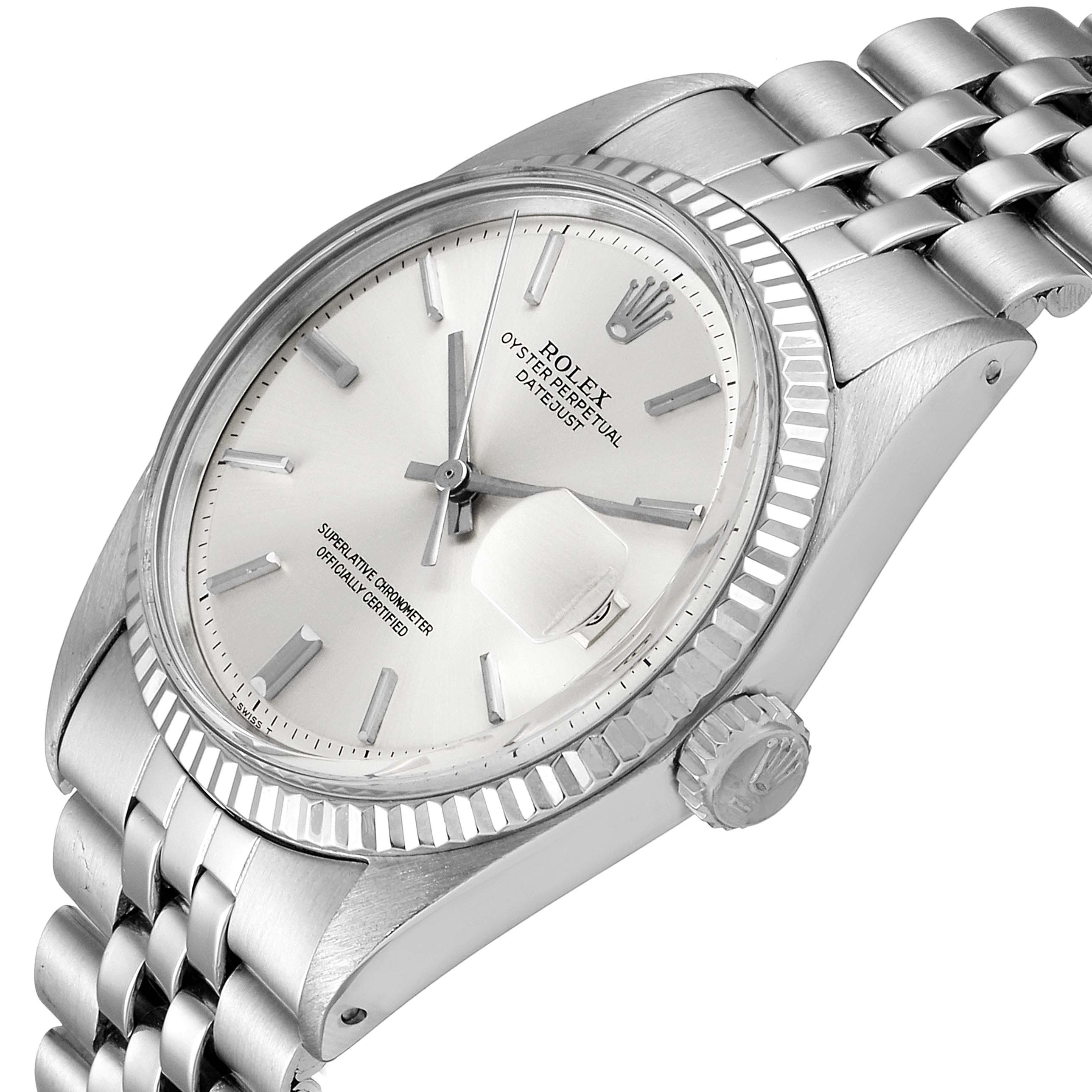 The image shows an angled view of the face, bezel, and partial bracelet of the Rolex Vintage Collection 1601 Men
s Stainless Steel Silver Dial 1601 Men
s Stainless Steel Silver Dial model.