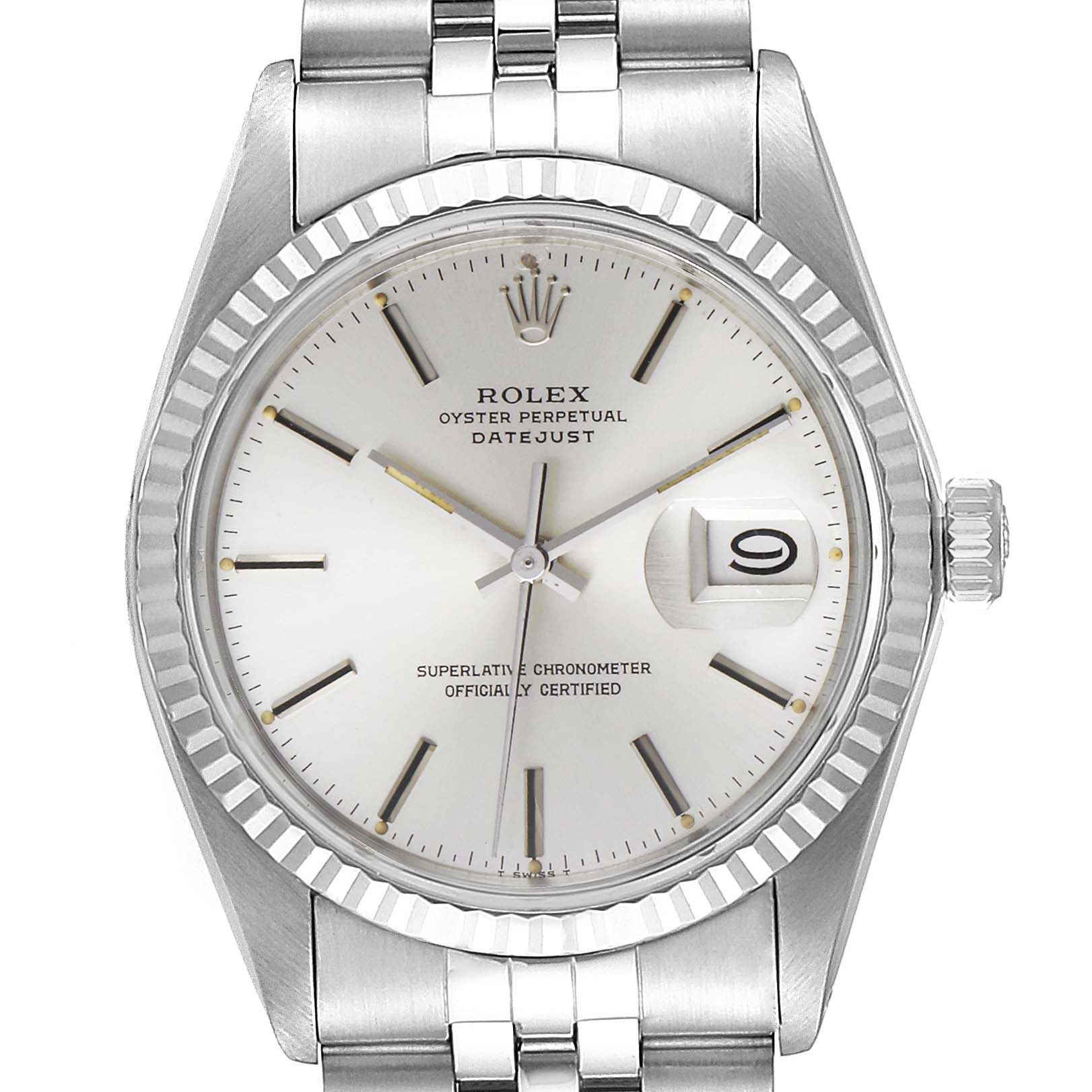 The image shows a frontal view of a Rolex Vintage Collection 16014 Men
s Stainless Steel Silver Dial 16014 Men
s Stainless Steel Silver Dial Oyster Perpetual Datejust watch, displaying its dial, bezel, and bracelet.