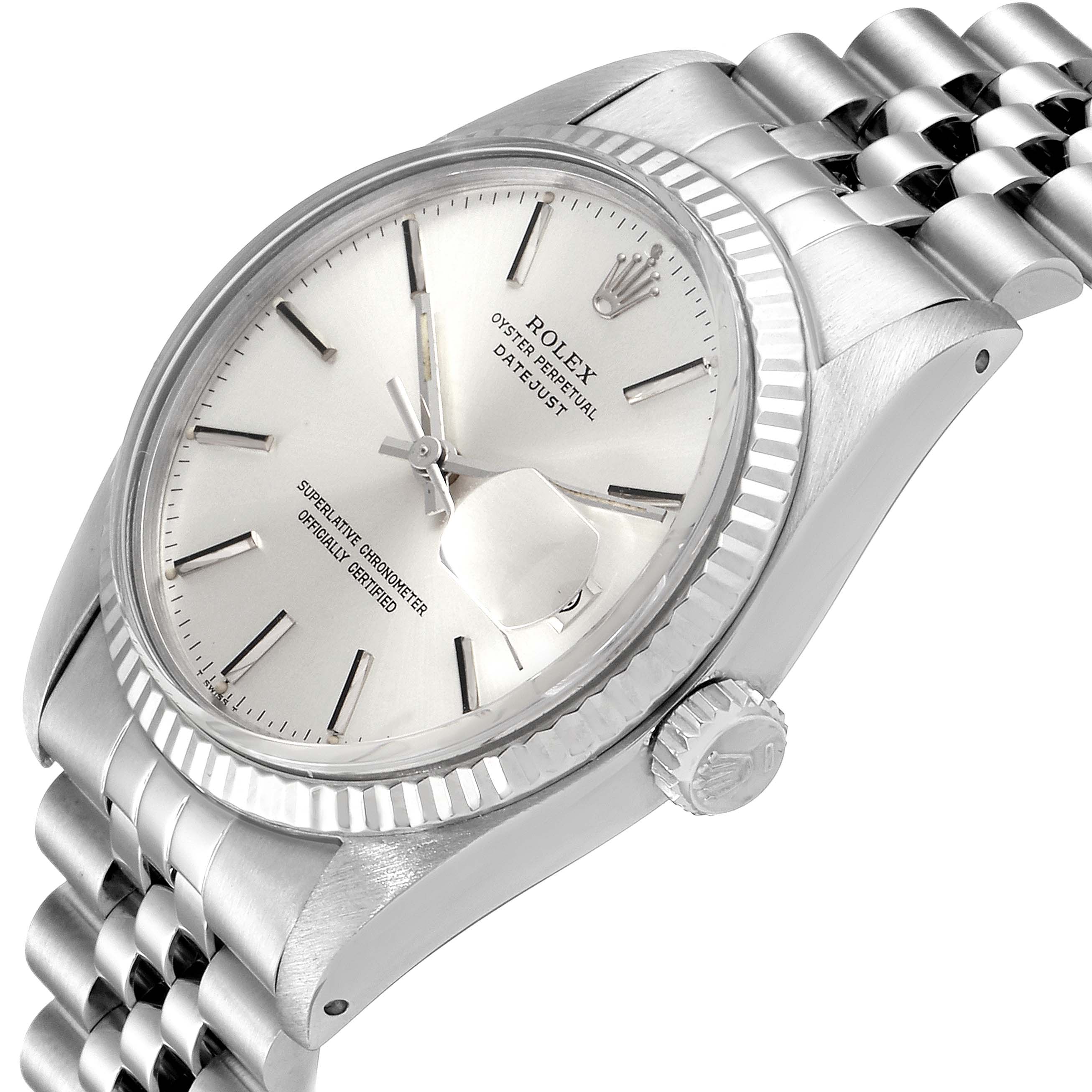 The image shows a close-up of the Rolex Vintage Collection 16014 Men
s Stainless Steel Silver Dial 16014 Men
s Stainless Steel Silver Dial model, highlighting the dial, bezel, crown, and part of the bracelet.