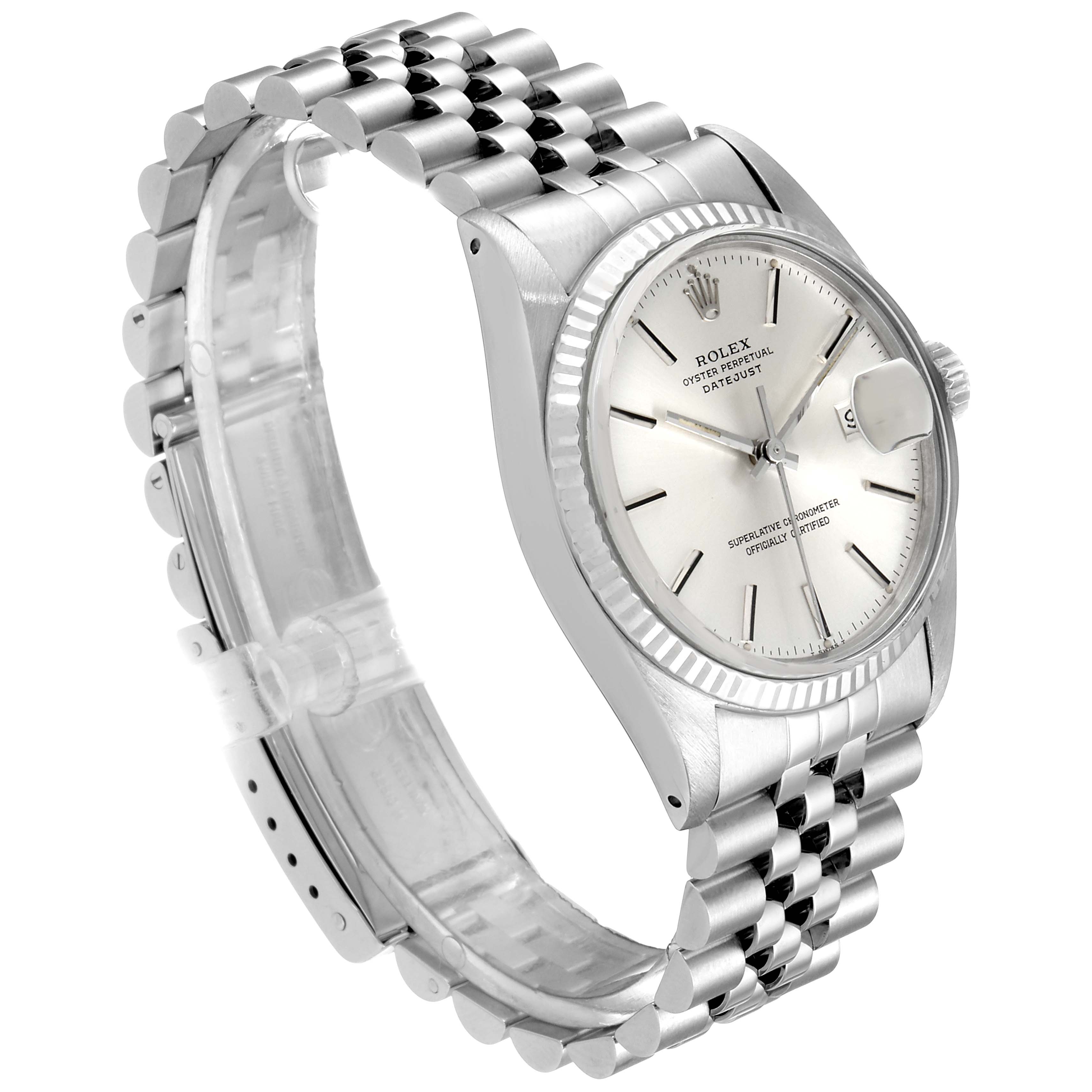 The image shows a side angle of the Rolex Vintage Collection 16014 Men
s Stainless Steel Silver Dial 16014 Men
s Stainless Steel Silver Dial watch, highlighting its face, bezel, and partially extended metal bracelet.