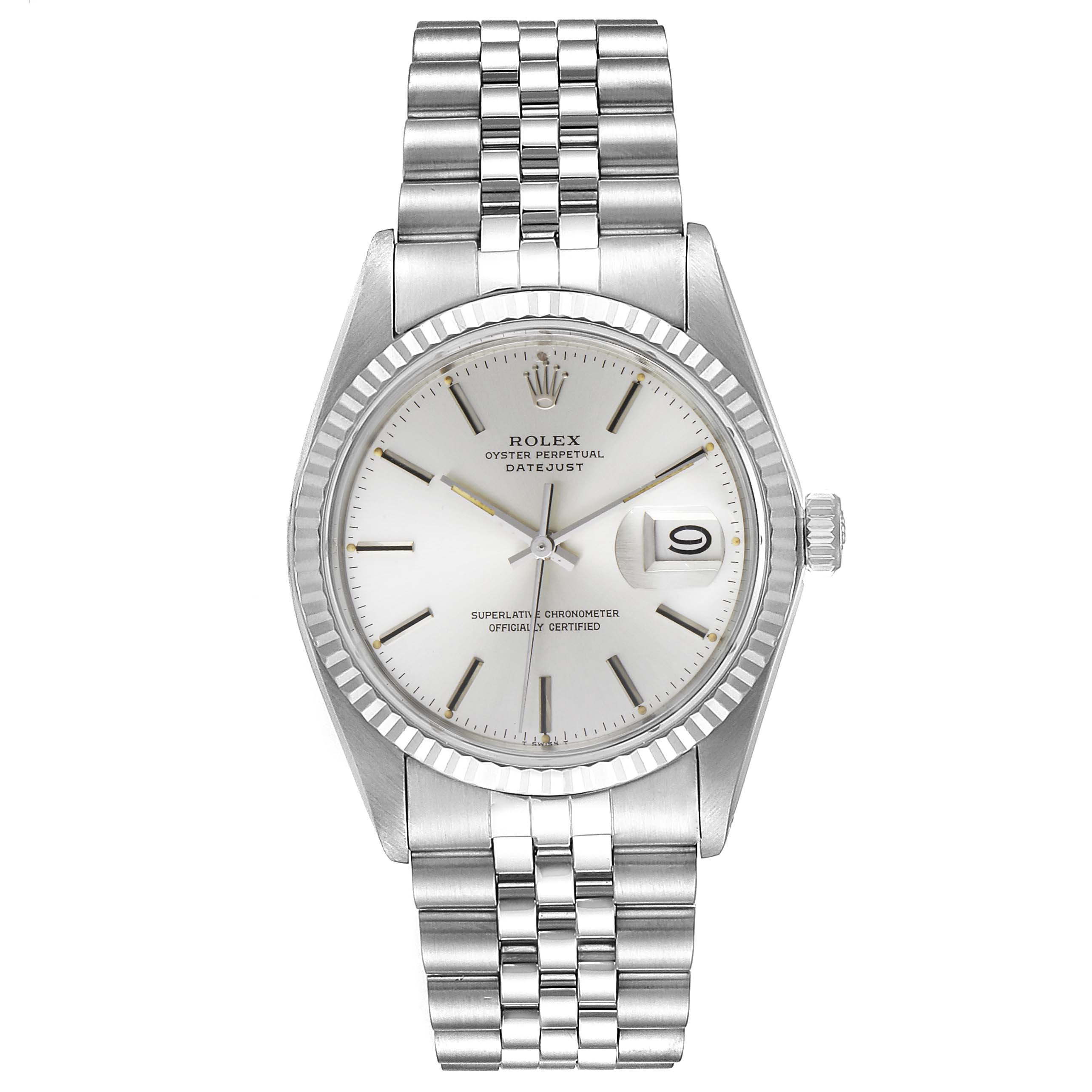 The image shows a frontal view of the Rolex Vintage Collection 16014 Men
s Stainless Steel Silver Dial 16014 Men
s Stainless Steel Silver Dial model, displaying its face, bezel, crown, and bracelet.
