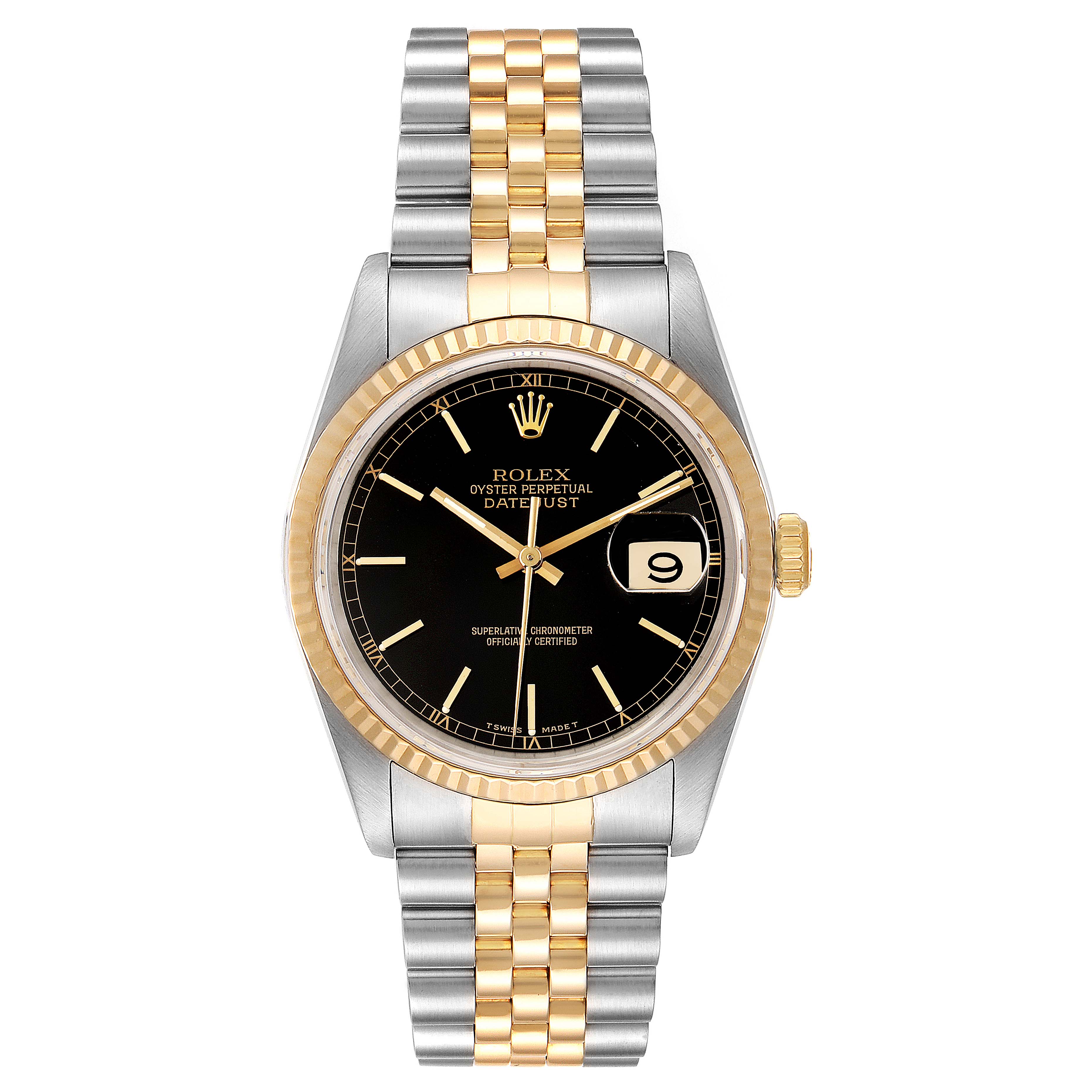 The Rolex Datejust 16233 Men's Steel and Gold (two tone) Black Dial 16233 Men's Steel and Gold (two tone) Black Dial watch is shown from a front angle, depicting its dial, bezel, crown, and two-tone bracelet.