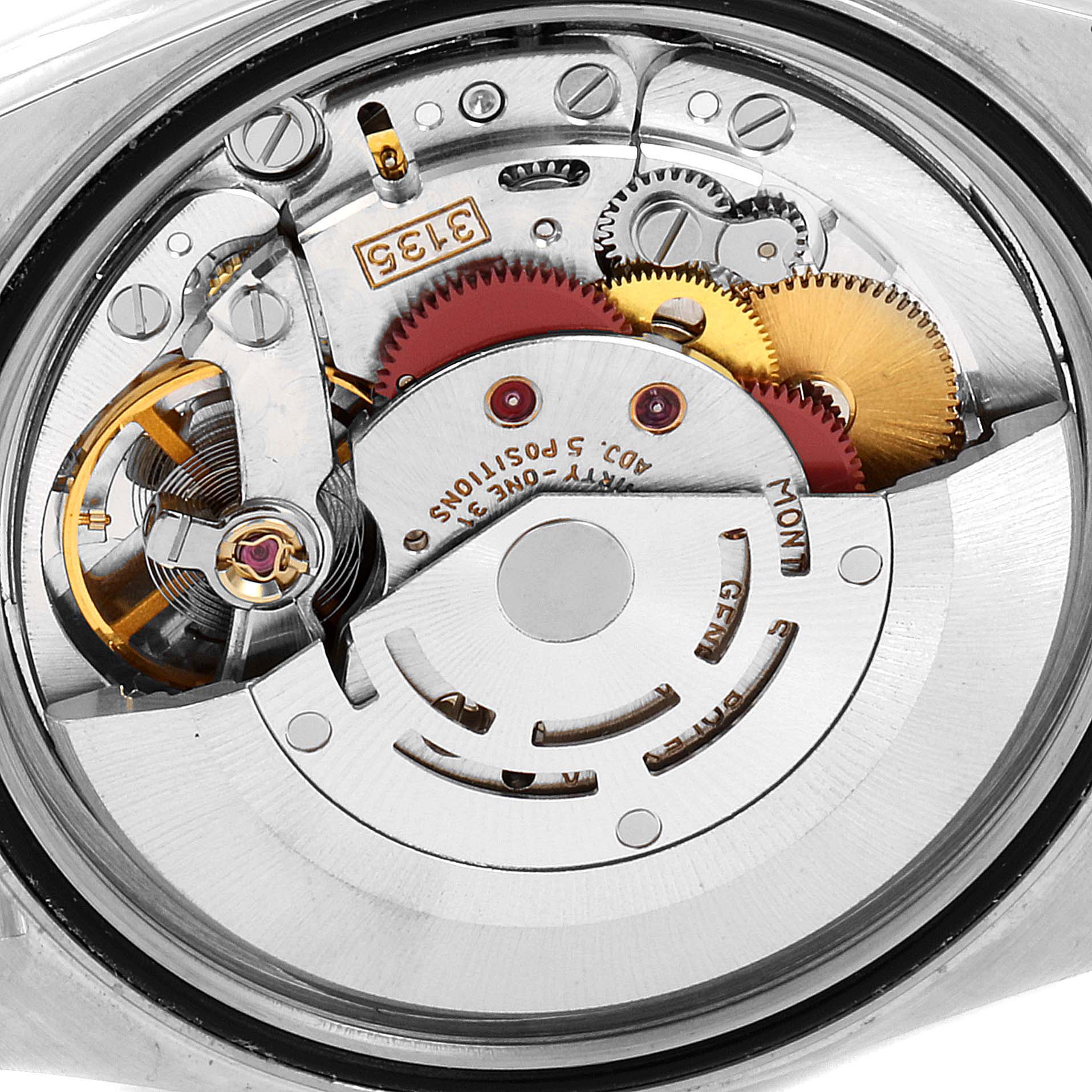 This image shows the internal movement mechanism, or the caliber, of the Rolex Datejust 16233 Men's Steel and Gold (two tone) Black Dial 16233 Men's Steel and Gold (two tone) Black Dial model from a close-up angle.