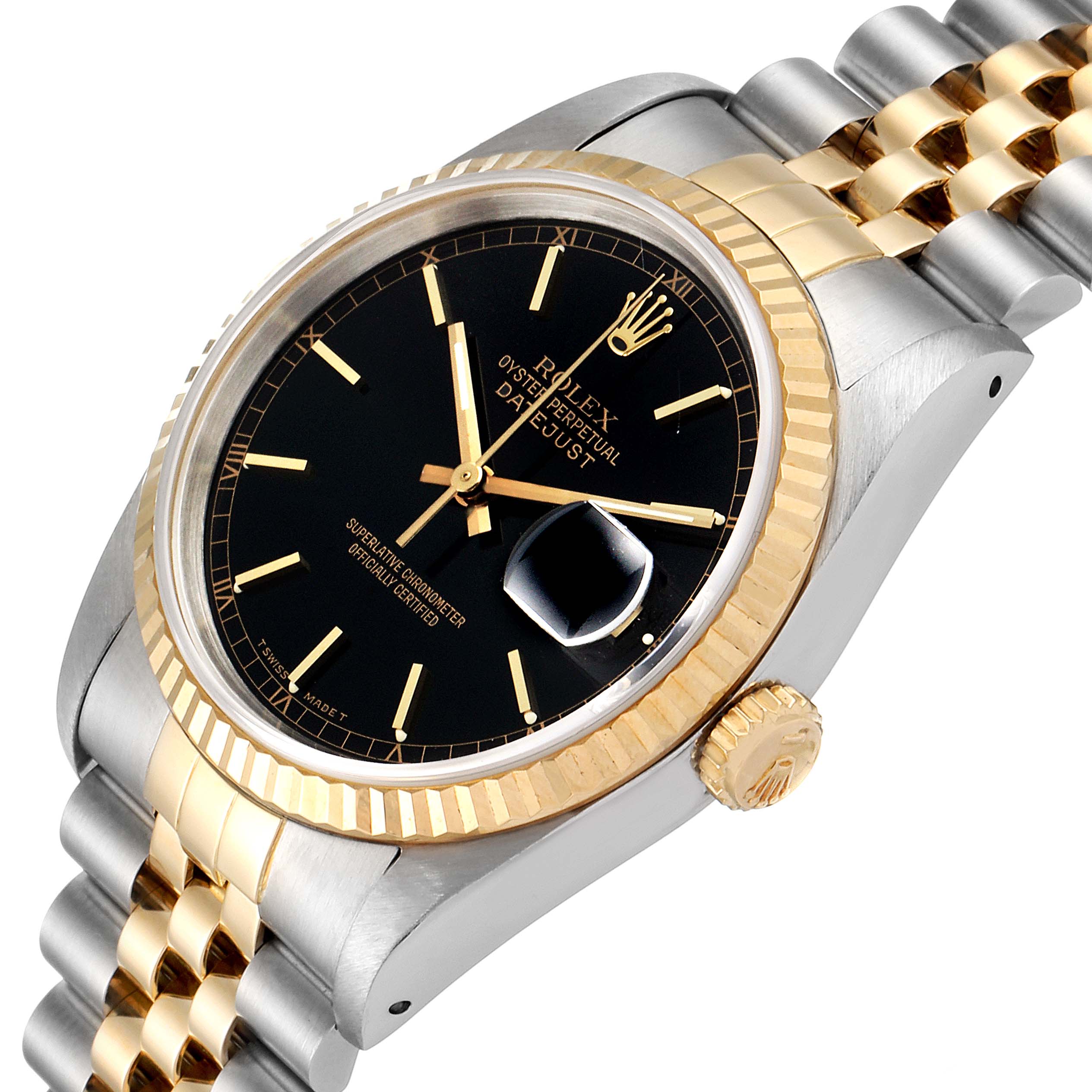 This image shows a Rolex Datejust 16233 Men's Steel and Gold (two tone) Black Dial 16233 Men's Steel and Gold (two tone) Black Dial watch at a slight angle, highlighting the black dial, fluted bezel, and two-tone jubilee bracelet.