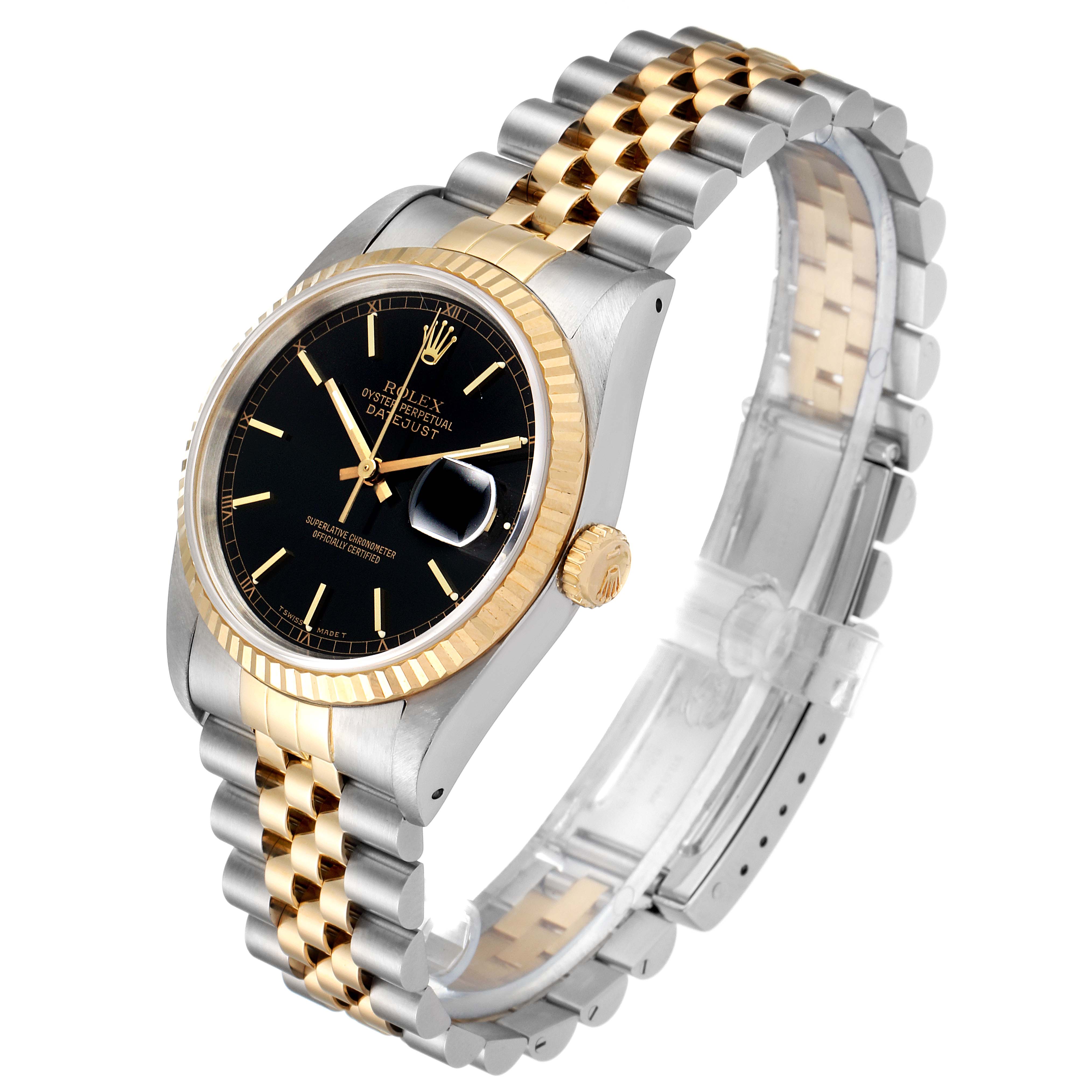 The image shows a Rolex Datejust 16233 Men's Steel and Gold (two tone) Black Dial 16233 Men's Steel and Gold (two tone) Black Dial watch at an angle highlighting the face, bezel, crown, and two-tone Jubilee bracelet.