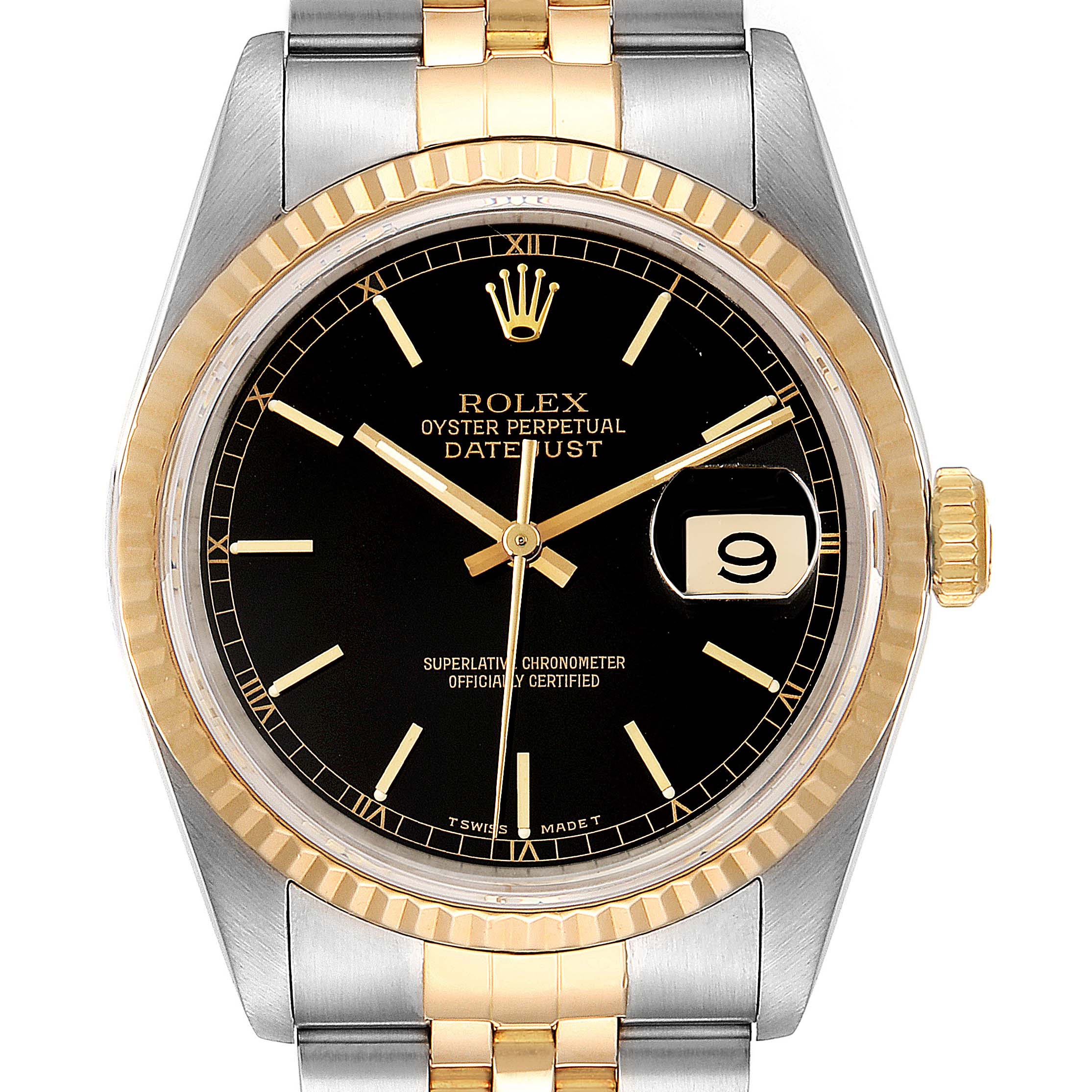 This image shows a frontal view of the Rolex Datejust 16233 Men's Steel and Gold (two tone) Black Dial 16233 Men's Steel and Gold (two tone) Black Dial watch, featuring the dial, bezel, and part of the bracelet.