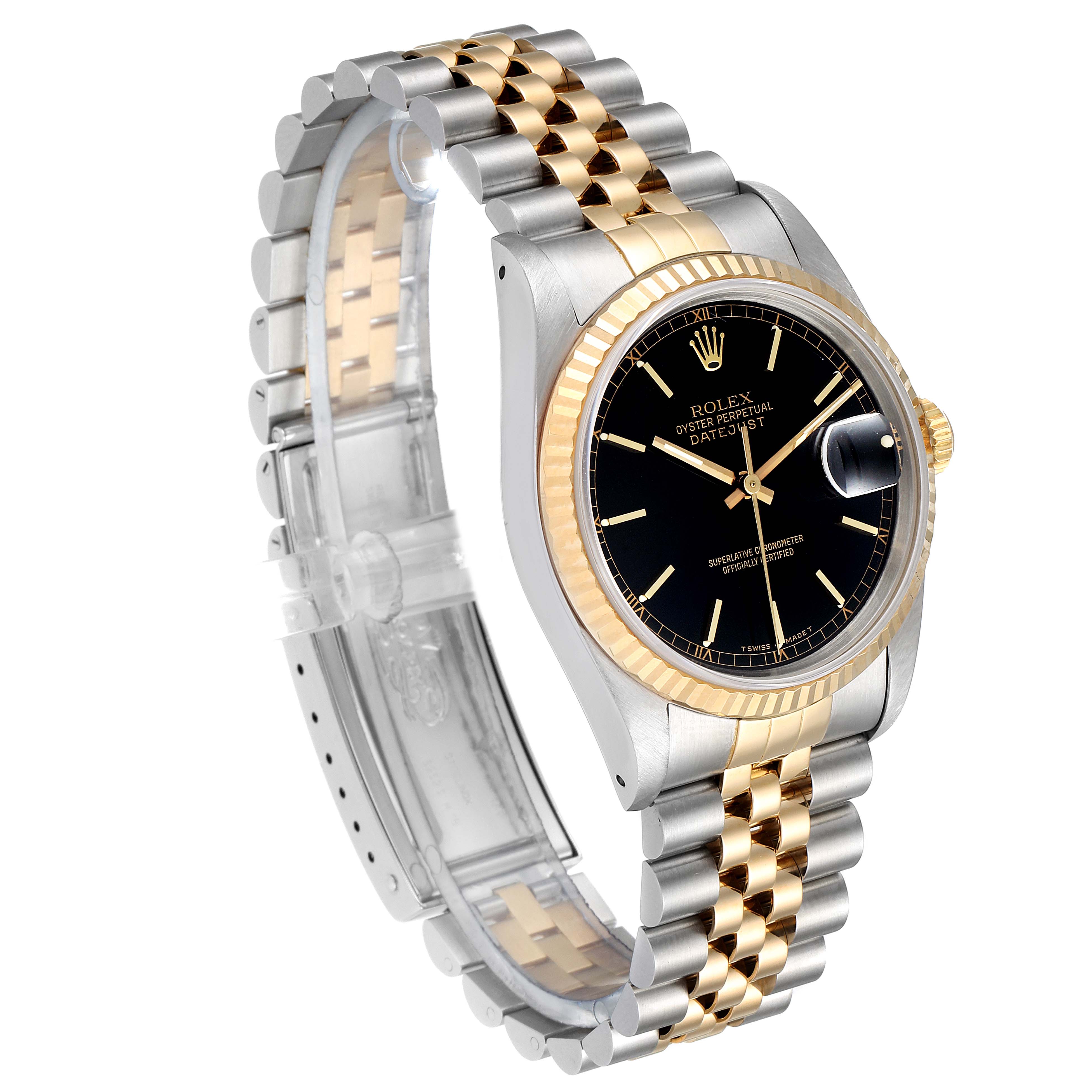 This image shows a Rolex Datejust 16233 Men's Steel and Gold (two tone) Black Dial 16233 Men's Steel and Gold (two tone) Black Dial watch at a three-quarter angle, highlighting its black dial, gold fluted bezel, and two-tone bracelet.