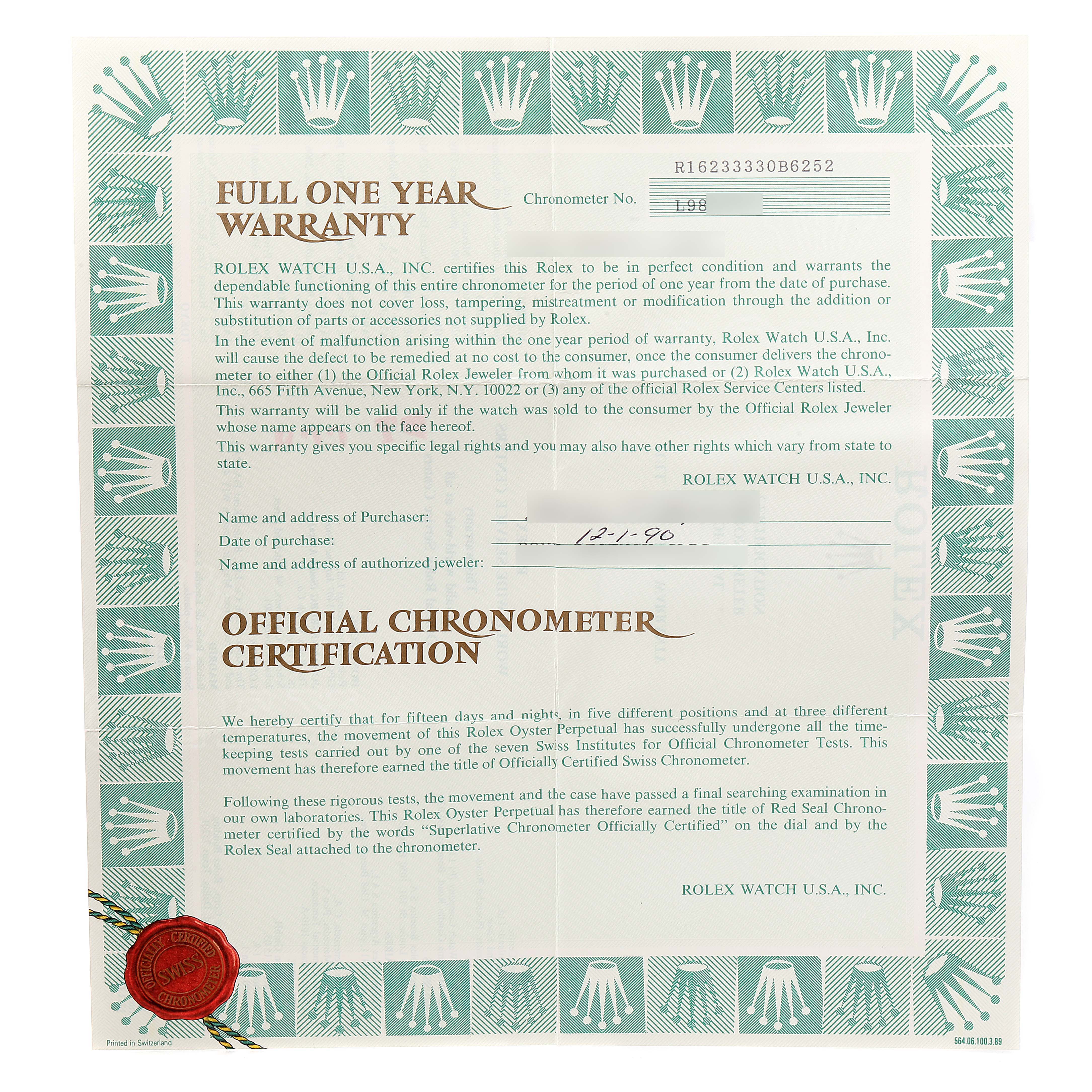 This image shows an official chronometer certification and one-year warranty document for the Rolex Datejust 16233 Men's Steel and Gold (two tone) Black Dial 16233 Men's Steel and Gold (two tone) Black Dial model.