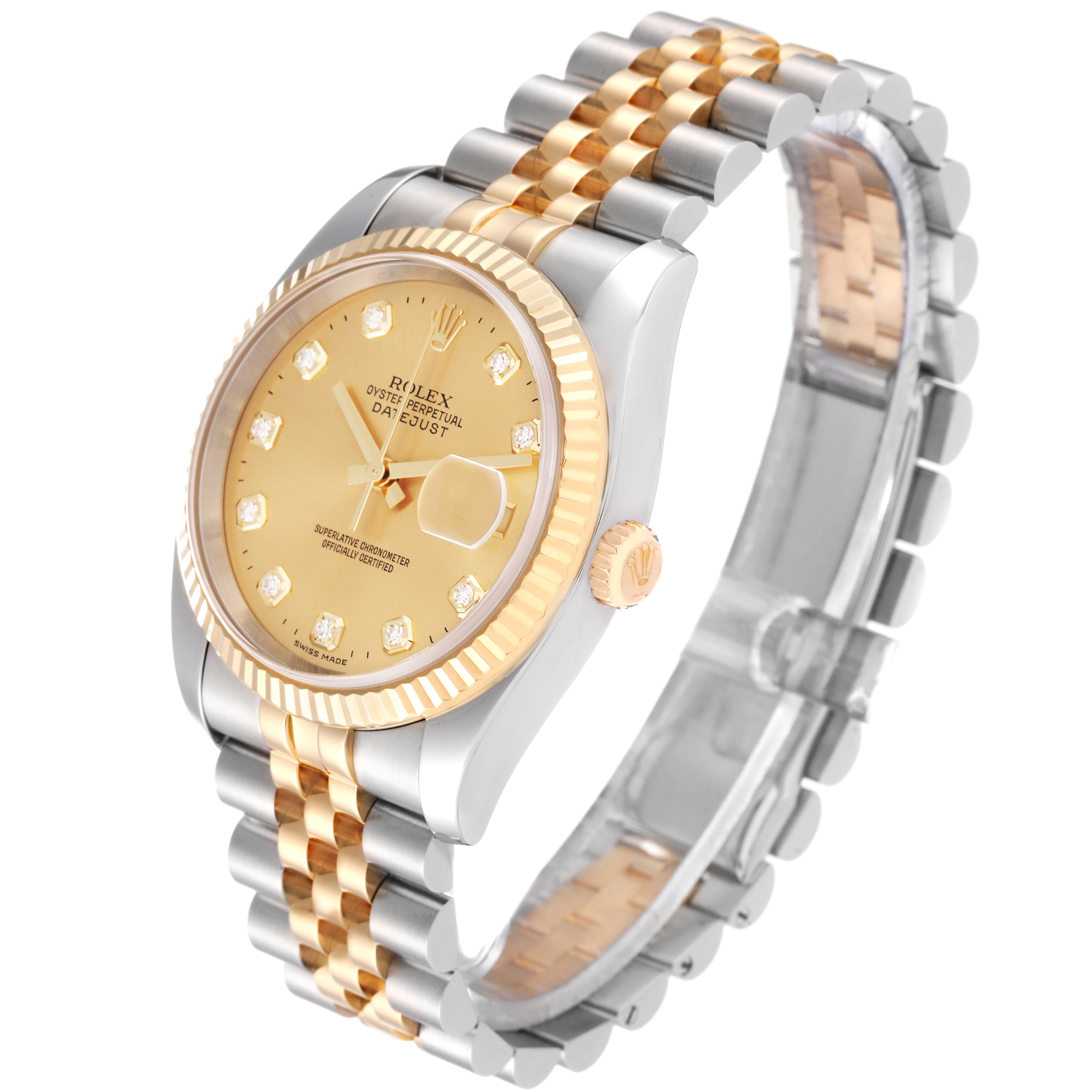 The Rolex Datejust 116233 Men's Steel and Gold (two tone) Champagne Dial 116233 Men's Steel and Gold (two tone) Champagne Dial watch is shown at an angle displaying the dial, fluted bezel, and two-tone bracelet.