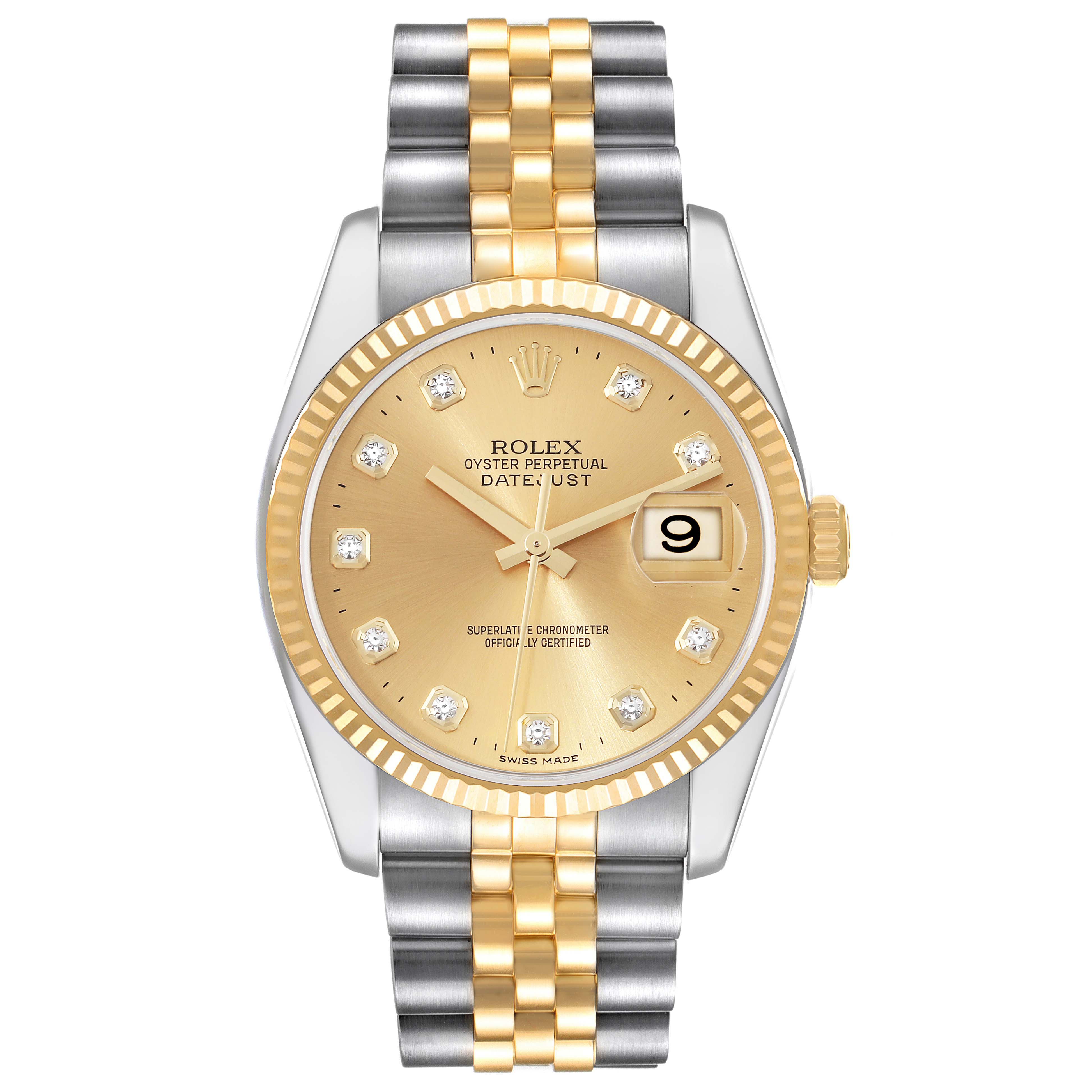 This is a front view of a Rolex Datejust 116233 Men's Steel and Gold (two tone) Champagne Dial 116233 Men's Steel and Gold (two tone) Champagne Dial watch showing its dial, two-tone bracelet, bezel, and crown.