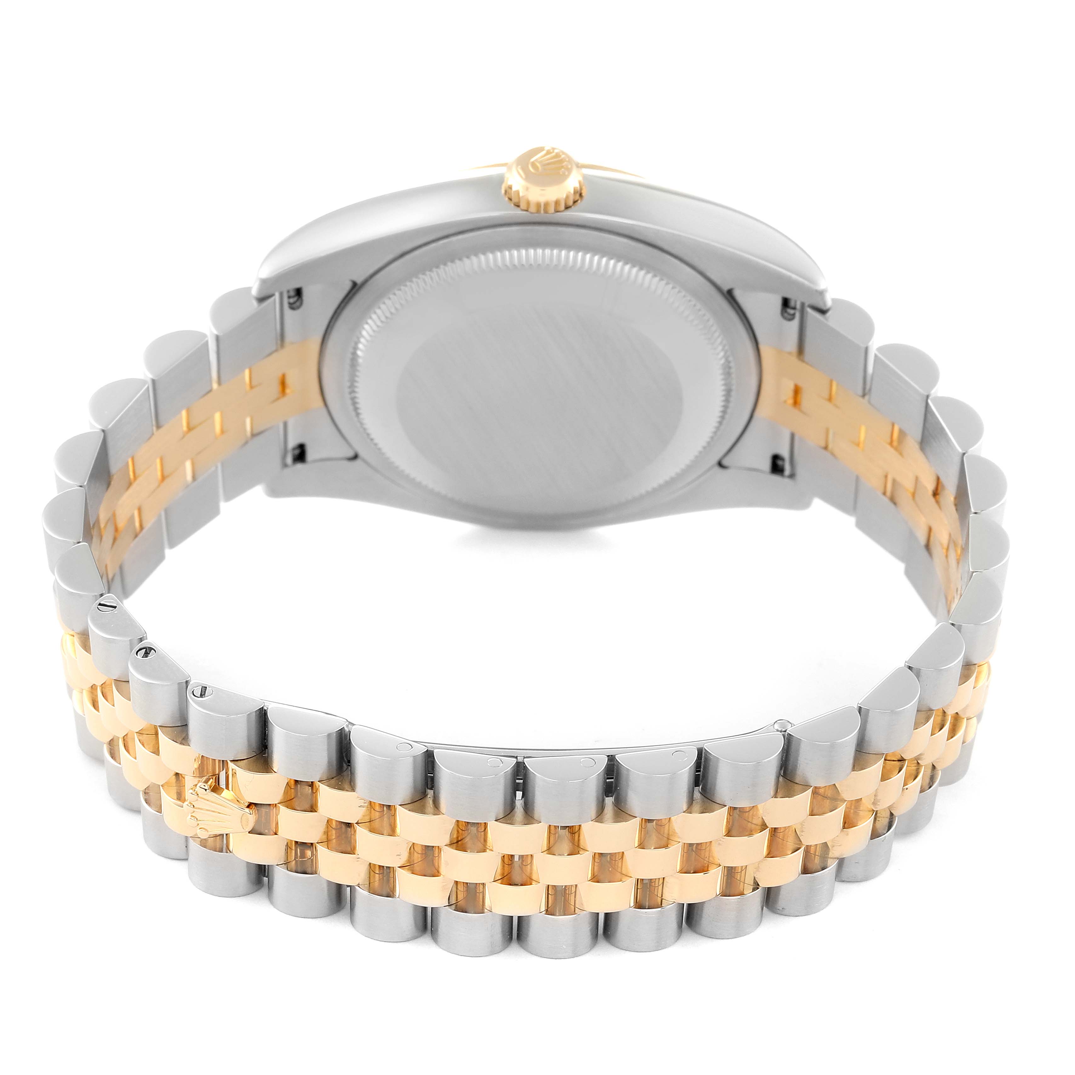 This image displays the back case and two-tone bracelet of a Rolex Datejust 116233 Men's Steel and Gold (two tone) Champagne Dial 116233 Men's Steel and Gold (two tone) Champagne Dial watch from a rear angle.