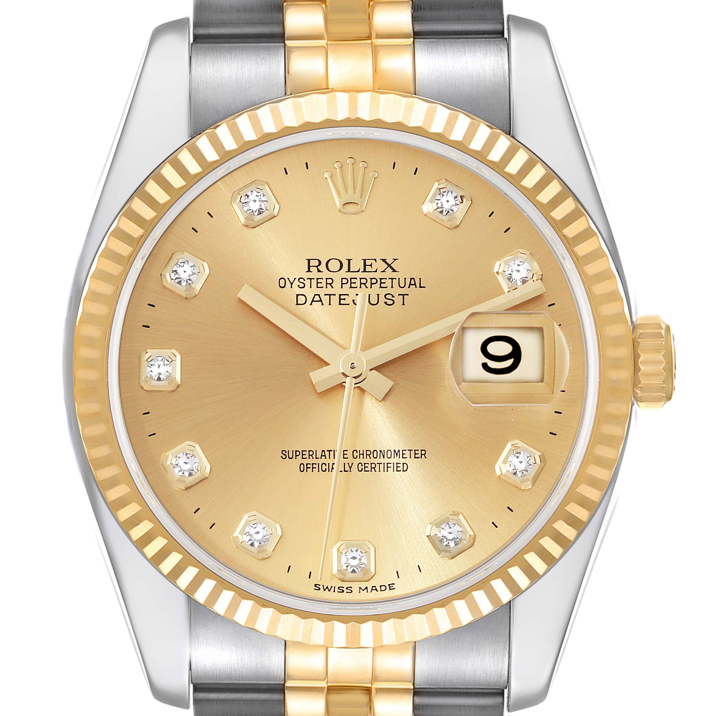 The image shows a frontal view of a Rolex Datejust 116233 Men's Steel and Gold (two tone) Champagne Dial 116233 Men's Steel and Gold (two tone) Champagne Dial watch, highlighting the dial, bezel, crown, and part of the bracelet.