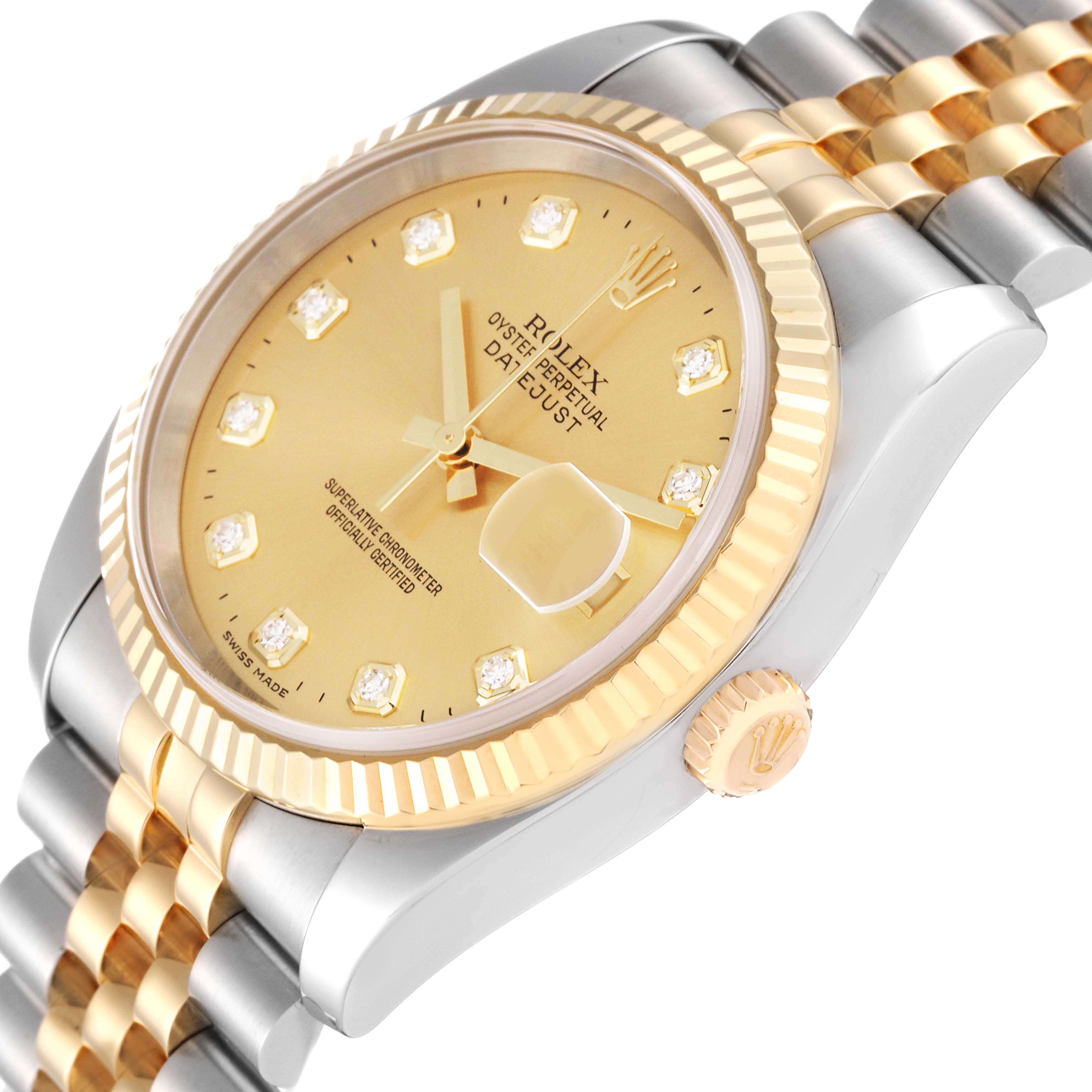 The image shows the dial, crown, and part of the bracelet of a Rolex Datejust 116233 Men's Steel and Gold (two tone) Champagne Dial 116233 Men's Steel and Gold (two tone) Champagne Dial watch from an angled perspective.