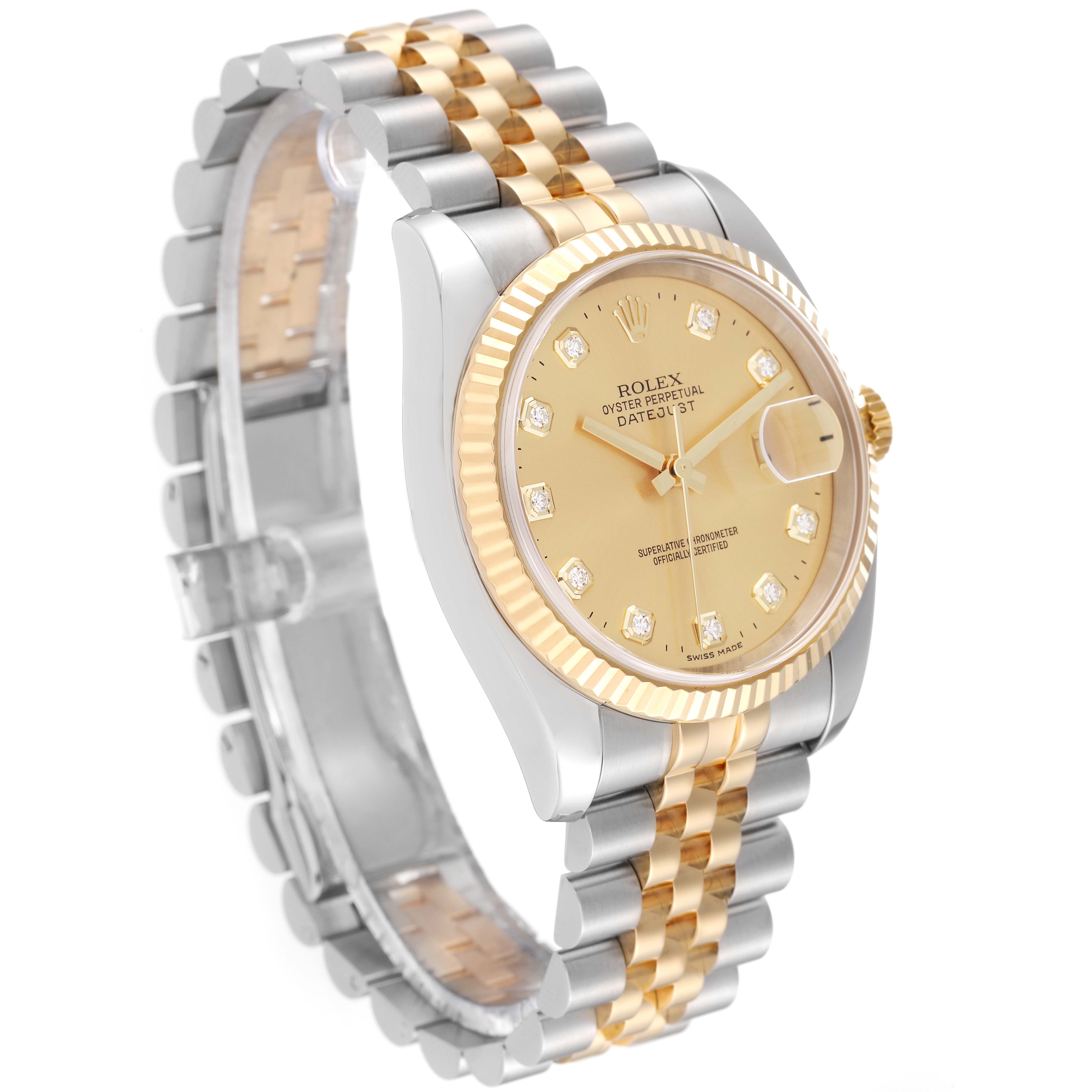 The image shows a side view of a Rolex Datejust 116233 Men's Steel and Gold (two tone) Champagne Dial 116233 Men's Steel and Gold (two tone) Champagne Dial watch, highlighting the gold and silver bracelet, bezel, and face.