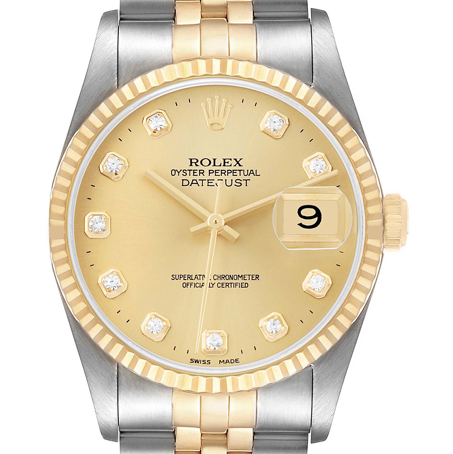 The Rolex Datejust 16233 Men's Steel and Gold (two tone) Champagne Dial watch is shown from the front, displaying its dial, bezel, crown, and part of the bracelet.