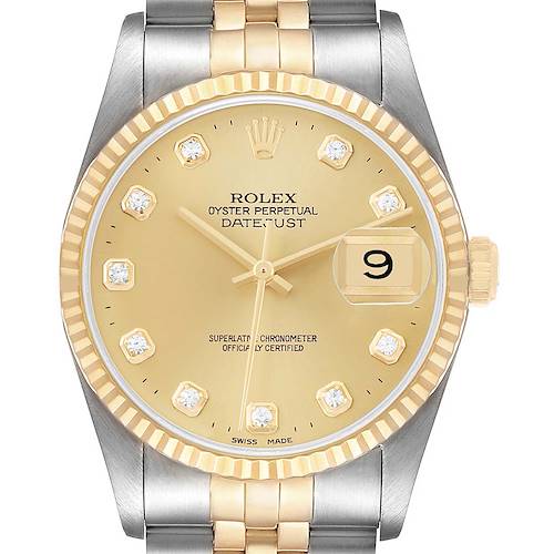 The Rolex Datejust 16233 Men's Steel and Gold (two tone) Champagne Dial watch is shown from a front view, featuring its dial, bezel, and part of its two-tone bracelet.