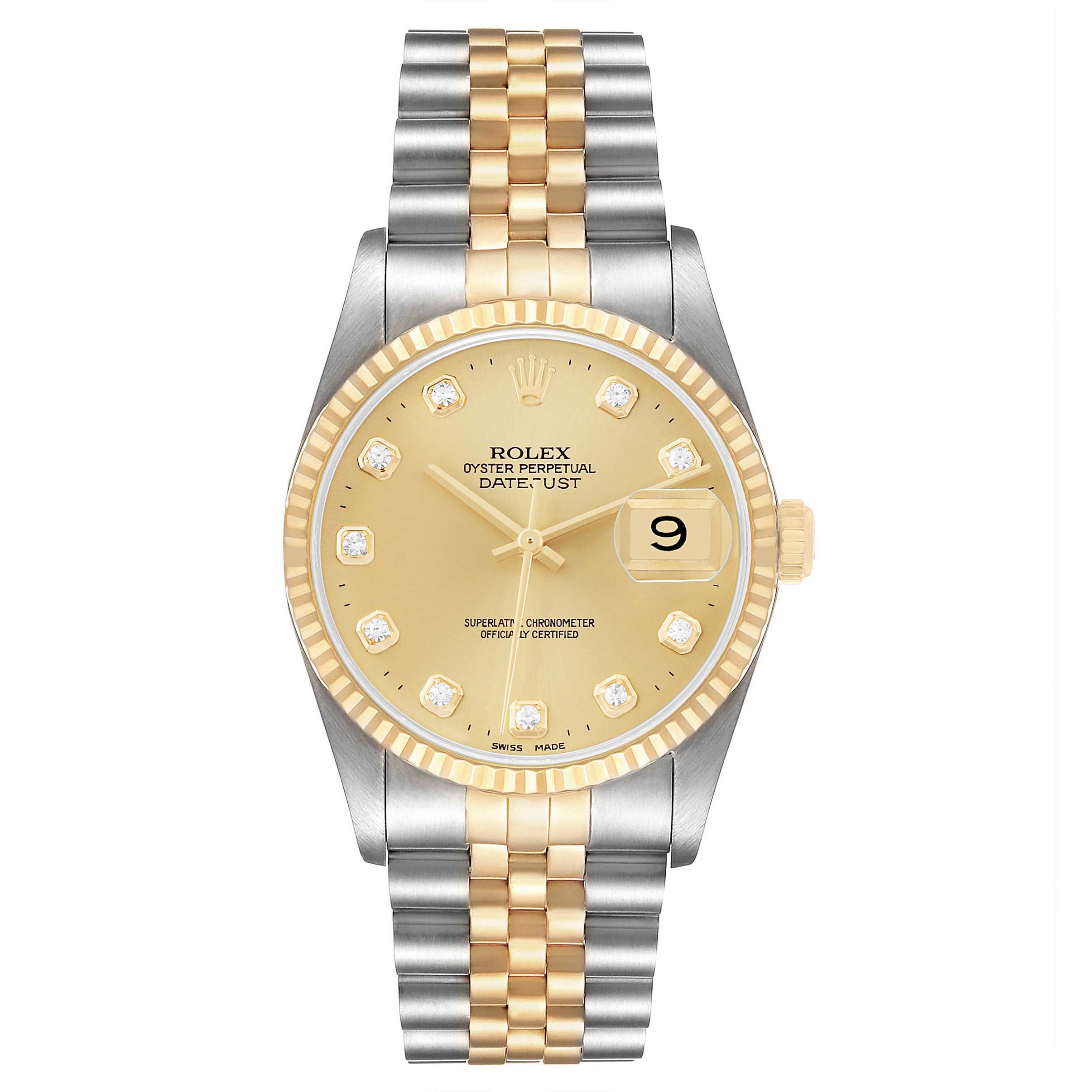 The Rolex Datejust 16233 Men's Steel and Gold (two tone) Champagne Dial watch is shown from a top-down angle, highlighting the dial, bezel, and bracelet.